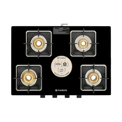 Faber Remo XL 4BB Glass Top 4 Burner Manual Gas Stove (MS Power Coated Pan Support, Black)