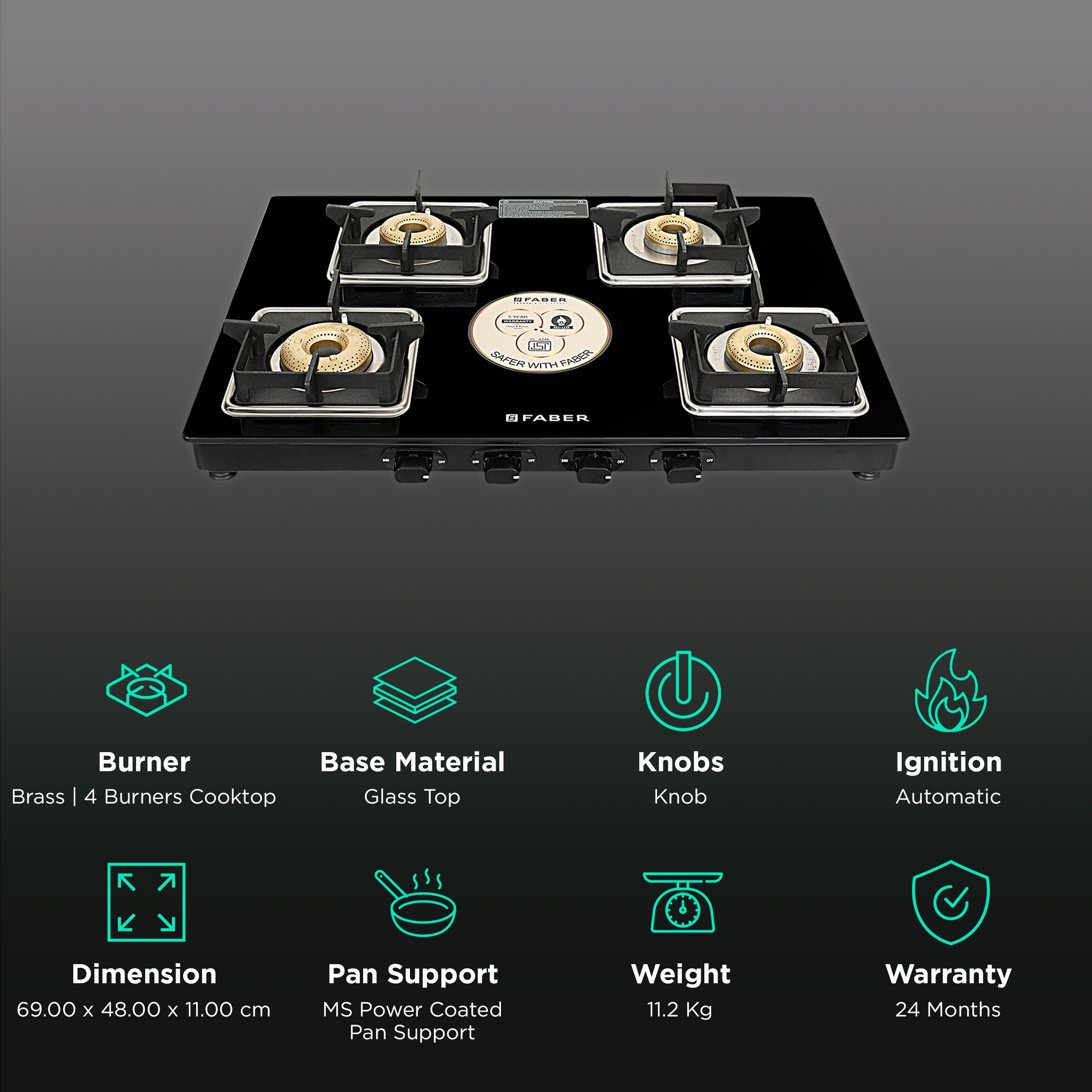 Faber Remo XL 4BB AI Glass Top 4 Burner Automatic Gas Stove (MS Power Coated Pan Support, Black) Faber Remo XL 4BB AI Glass Top 4 Burner Automatic Gas Stove (MS Power Coated Pan Support, Black)_3