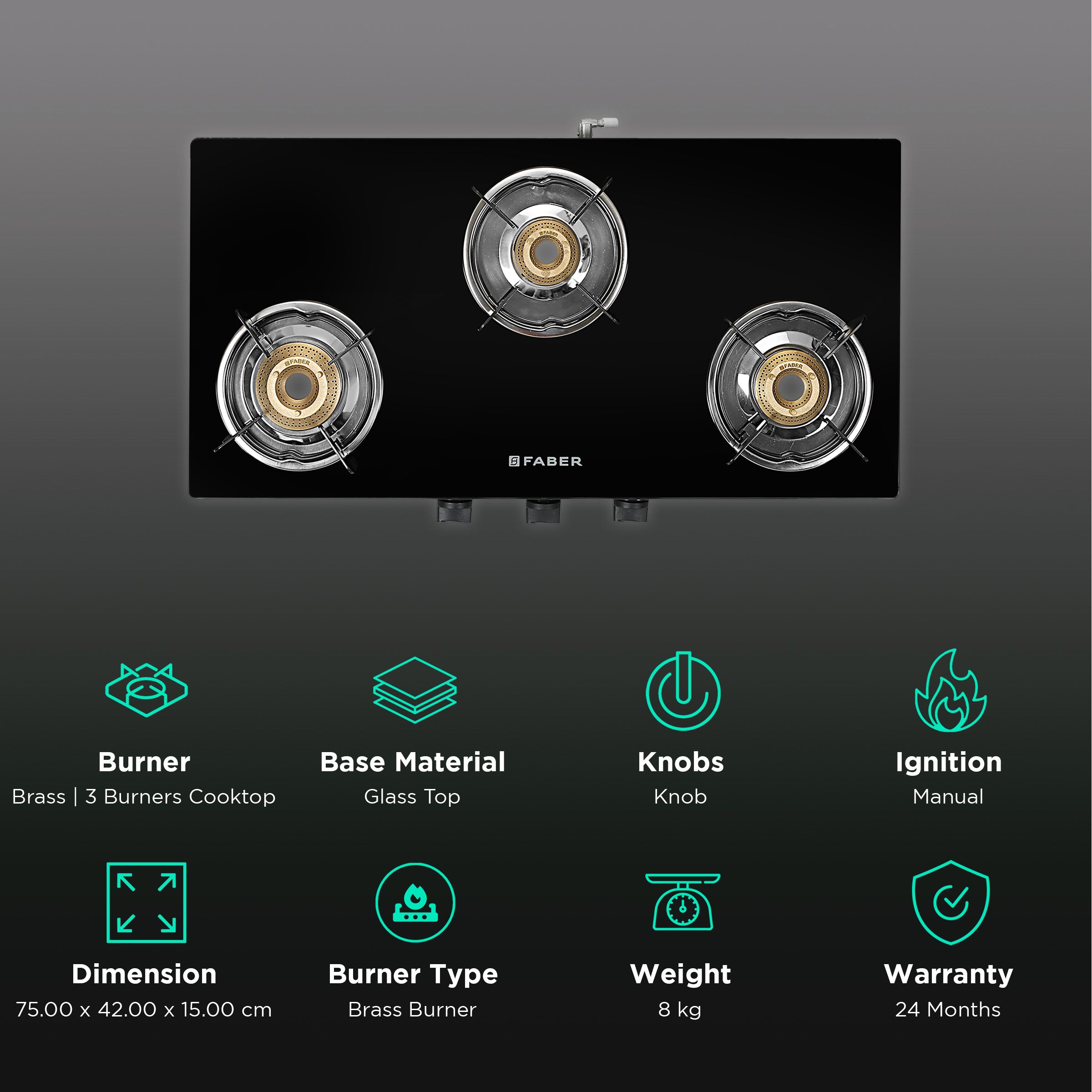 FABER Glass Top 3 Burner Manual Ignition Gas Stove (Brass Burner, Black) FABER Glass Top 3 Burner Manual Ignition Gas Stove (Brass Burner, Black)_3