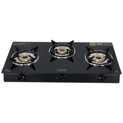 Croma Toughened Glass Top 3 Burner Manual Gas Stove (ISI Certified, Black)