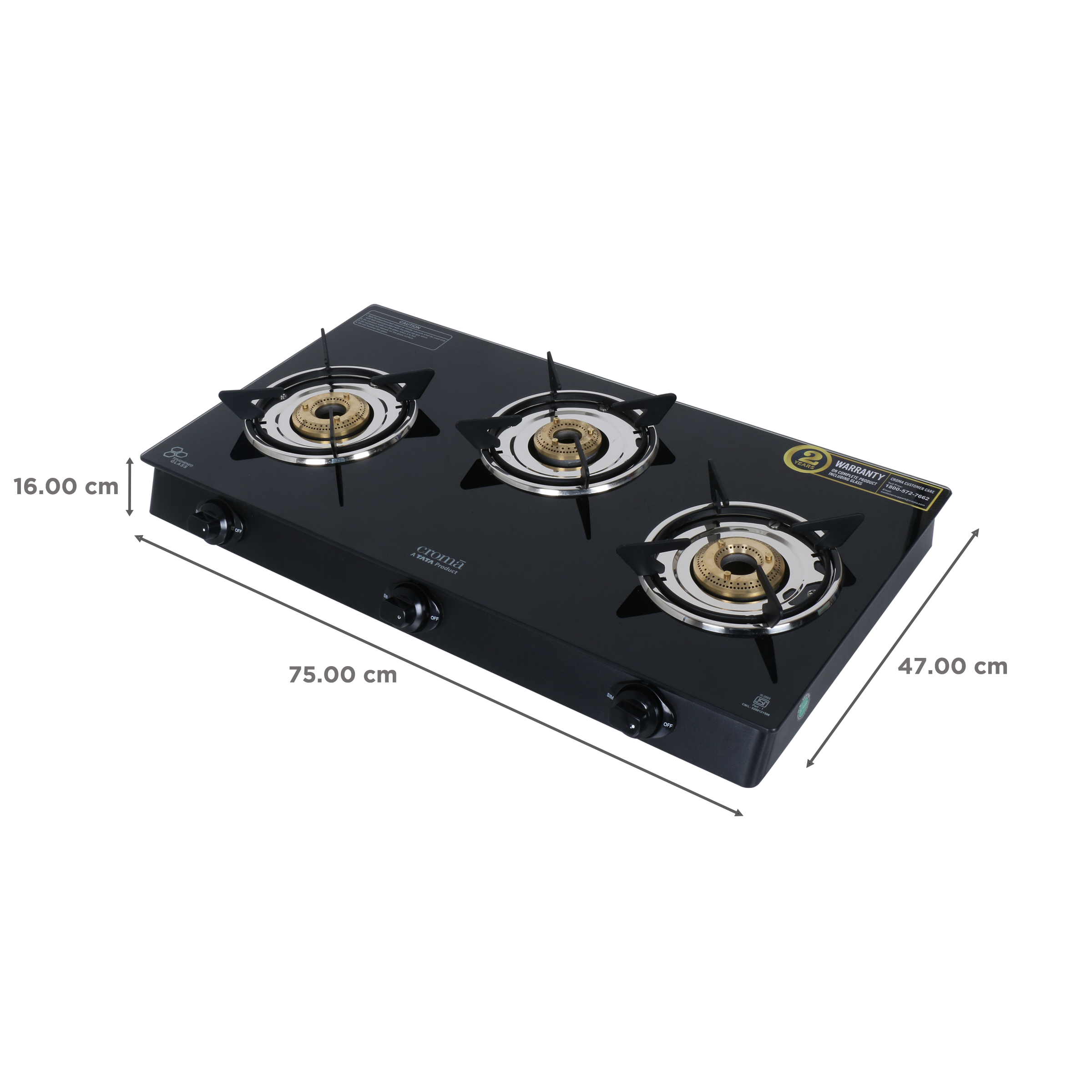 Croma Toughened Glass Top 3 Burner Manual Gas Stove (ISI Certified, Black) Croma Toughened Glass Top 3 Burner Manual Gas Stove (ISI Certified, Black)_2
