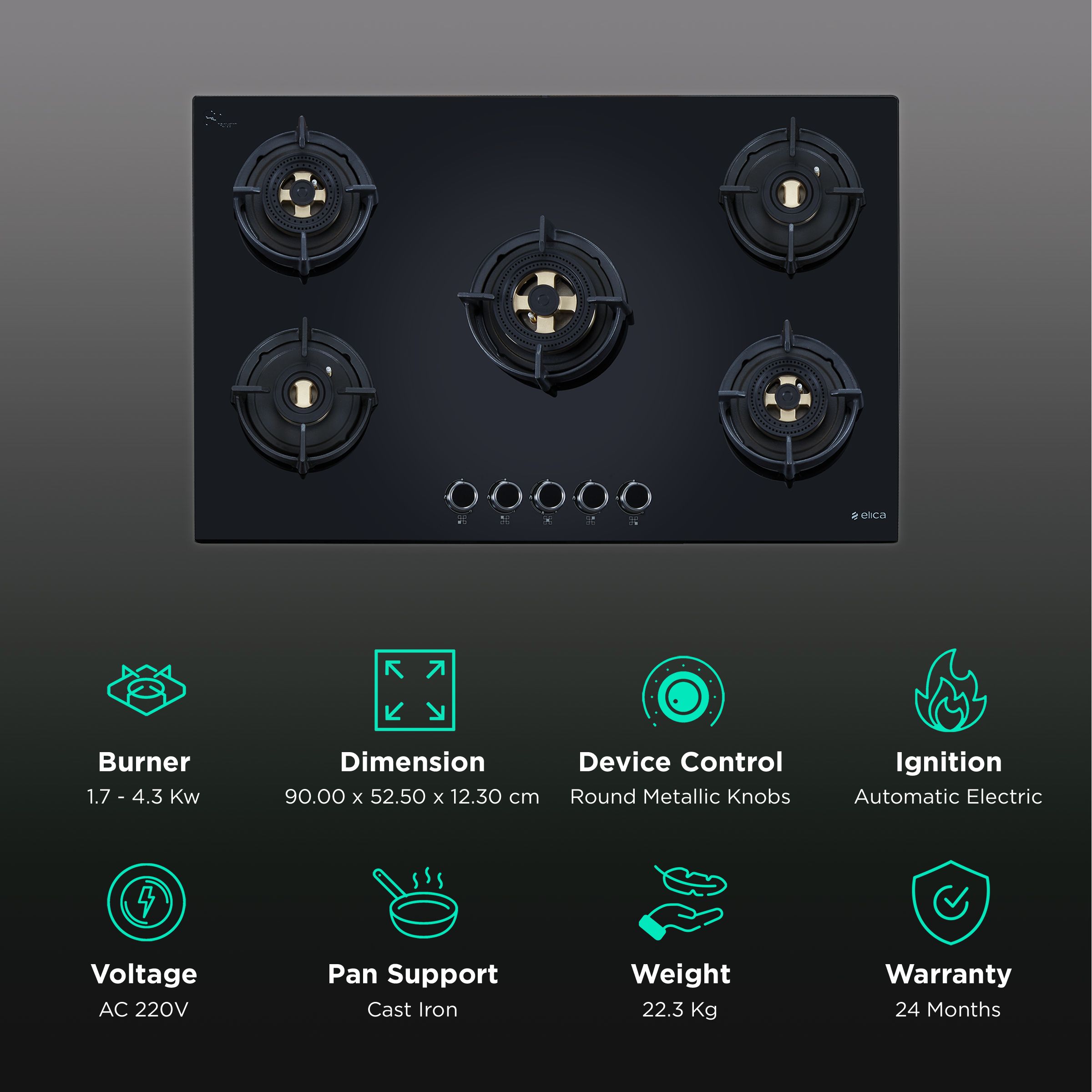Elica DFS FB MFC 5B 90 FFD 5 Burner Automatic Electric Hob (Cast Iron Pan Support, Black)_3