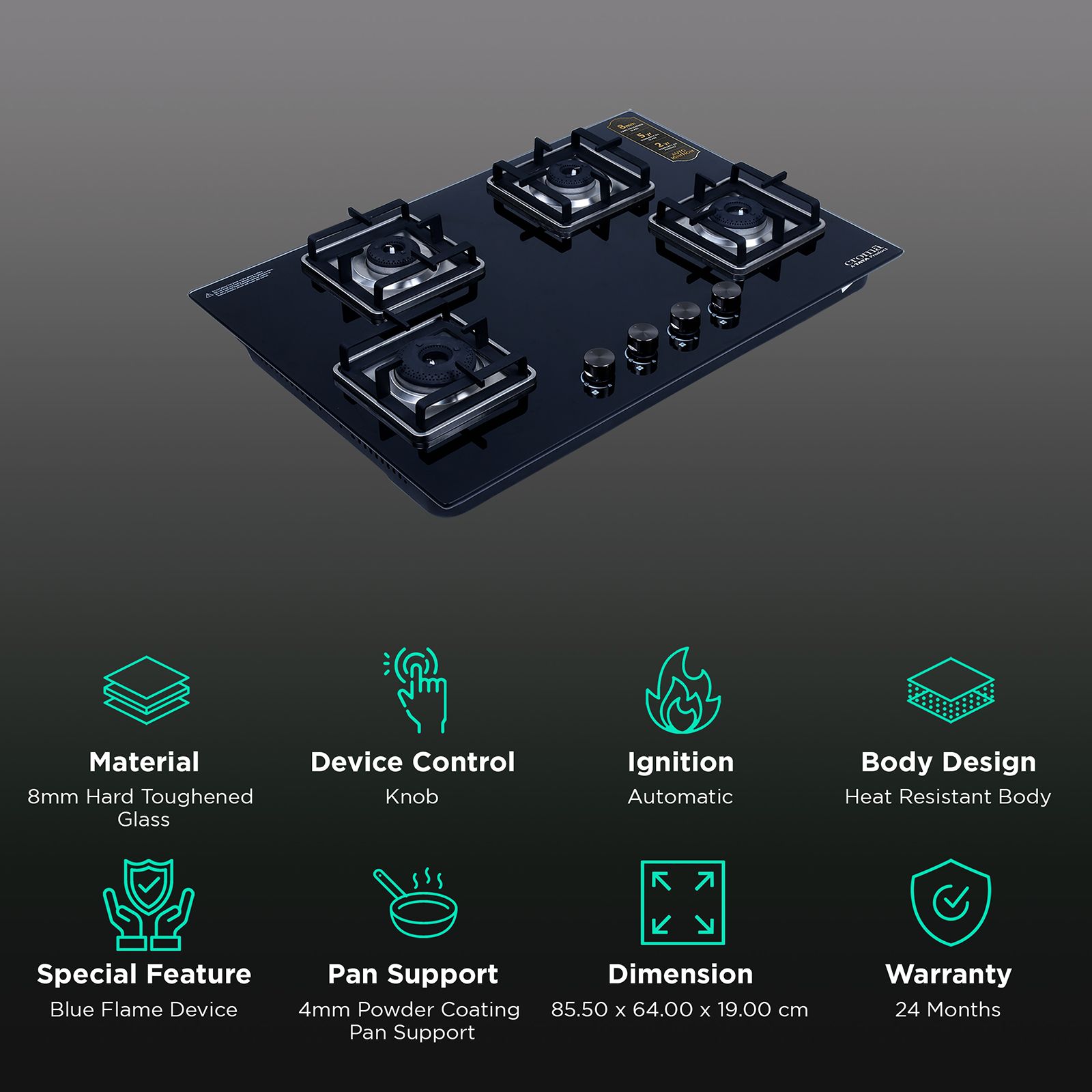 Croma Toughened Glass Top 4 Burner Automatic Hob (Double Drip Tray, Black) Croma Toughened Glass Top 4 Burner Automatic Hob (Double Drip Tray, Black)_3