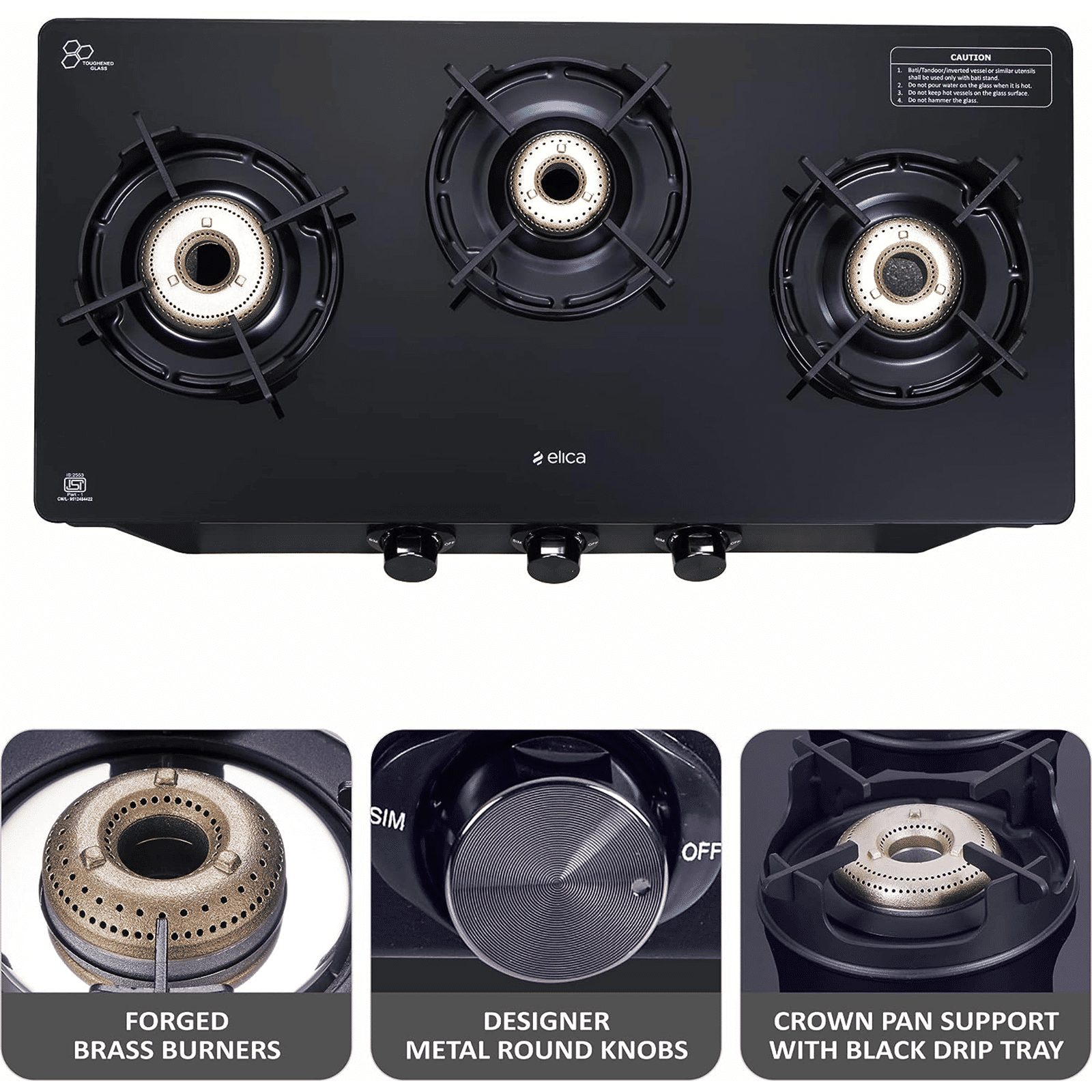 elica CREST 370 J NERO 3 Burner Manual Gas Stove (Brass Burner, Black)_9