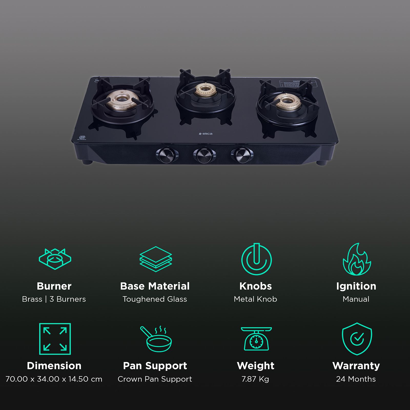 elica CREST 370 J NERO 3 Burner Manual Gas Stove (Brass Burner, Black)_3