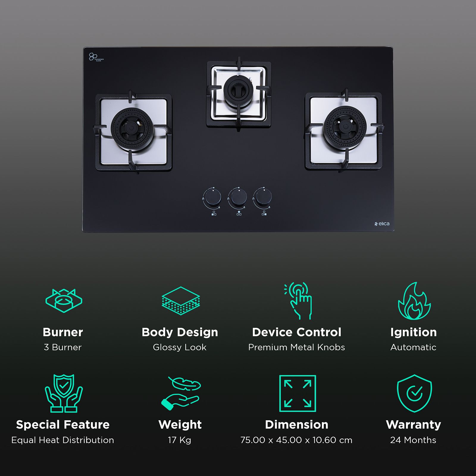 elica IND FLEXI AB DFS Series 3 Burner Automatic Hob (Battery Operated, Black)_3