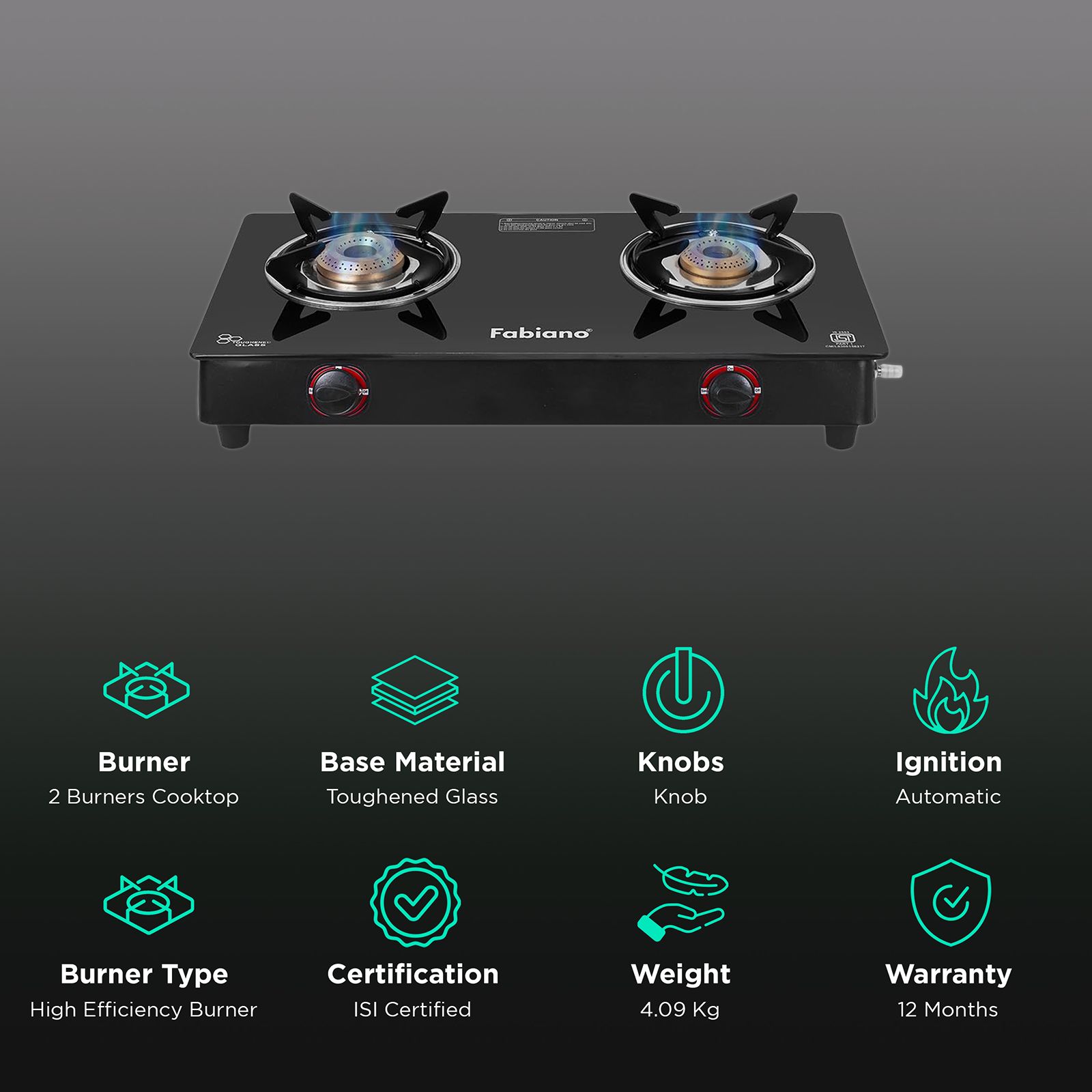 Fabiano FAB2BRNAUTOSMART Toughened Glass Top 2 Burner Automatic Gas Stove (High Efficiency Burner, Black) Fabiano FAB2BRNAUTOSMART Toughened Glass Top 2 Burner Automatic Gas Stove (High Efficiency Burner, Black)_3