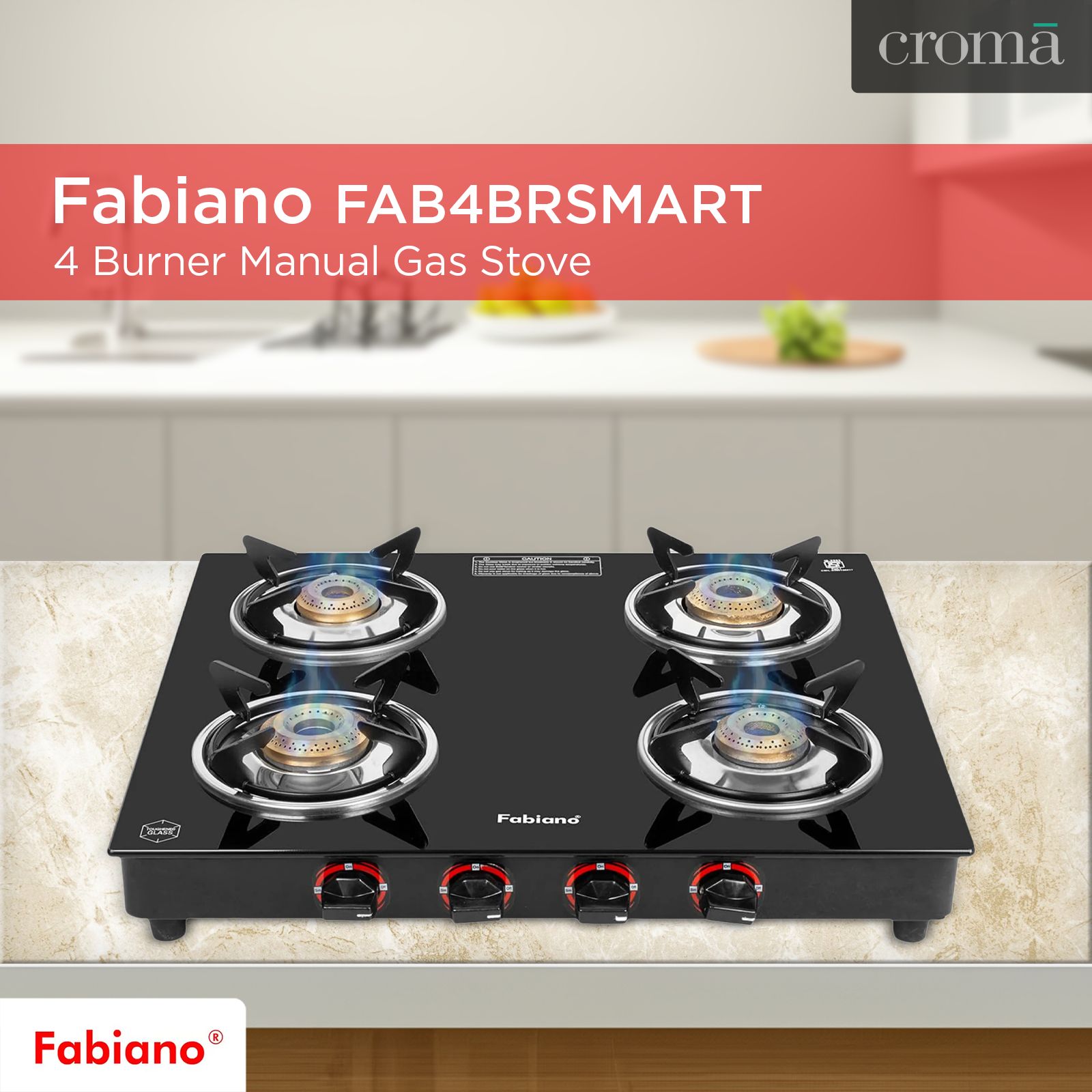 Fabiano FAB4BRSMART Toughened Glass Top 4 Burner Manual Gas Stove (Pan Support Attachment, Black) Fabiano FAB4BRSMART Toughened Glass Top 4 Burner Manual Gas Stove (Pan Support Attachment, Black)_7