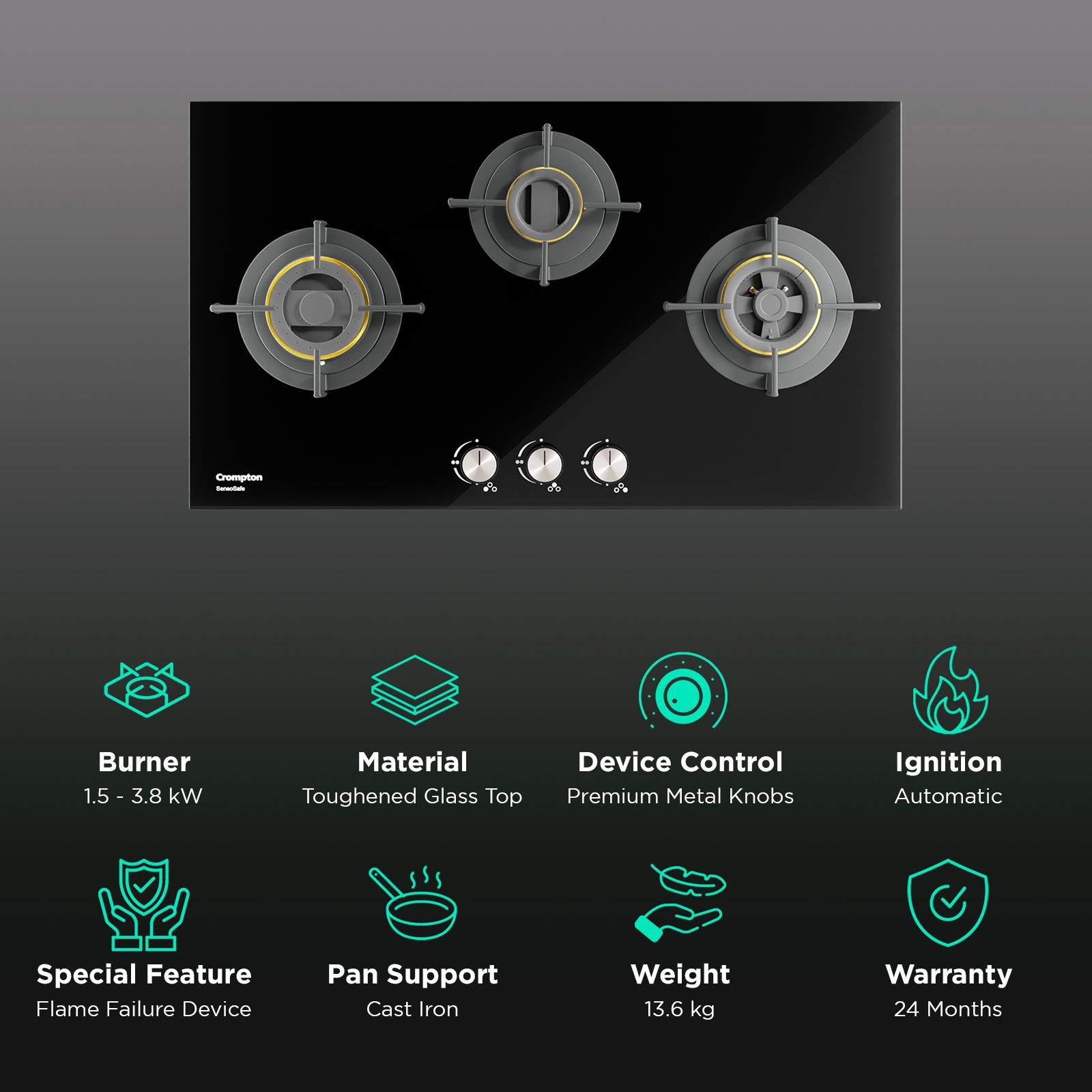 Crompton Sensosafe Toughened Glass Top 3 Burner Automatic Hob (Cast Iron Pan Support, Midnight Black) Crompton Sensosafe Toughened Glass Top 3 Burner Automatic Hob (Cast Iron Pan Support, Midnight Black)_3