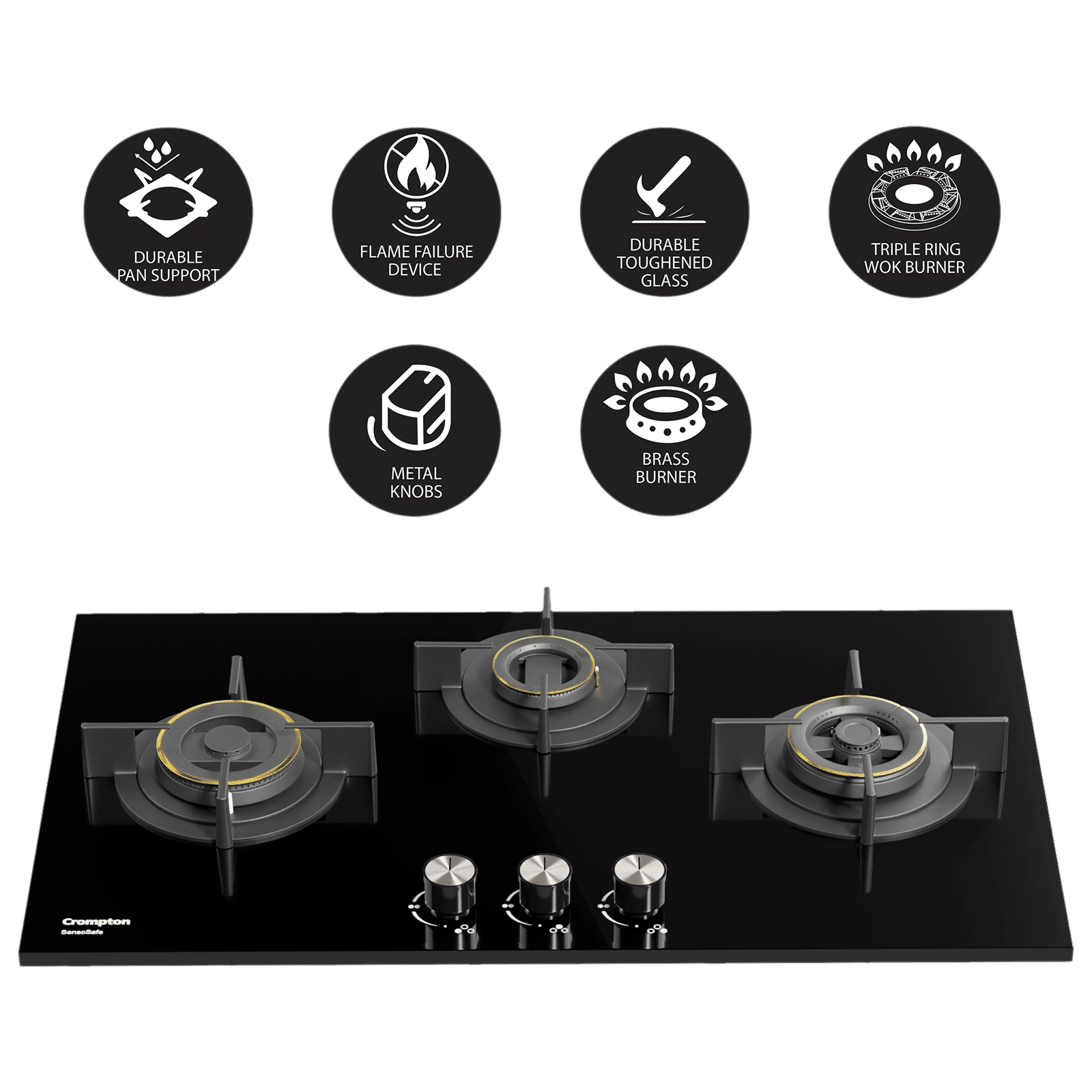 Crompton Sensosafe Toughened Glass Top 3 Burner Automatic Hob (Cast Iron Pan Support, Midnight Black) Crompton Sensosafe Toughened Glass Top 3 Burner Automatic Hob (Cast Iron Pan Support, Midnight Black)_8
