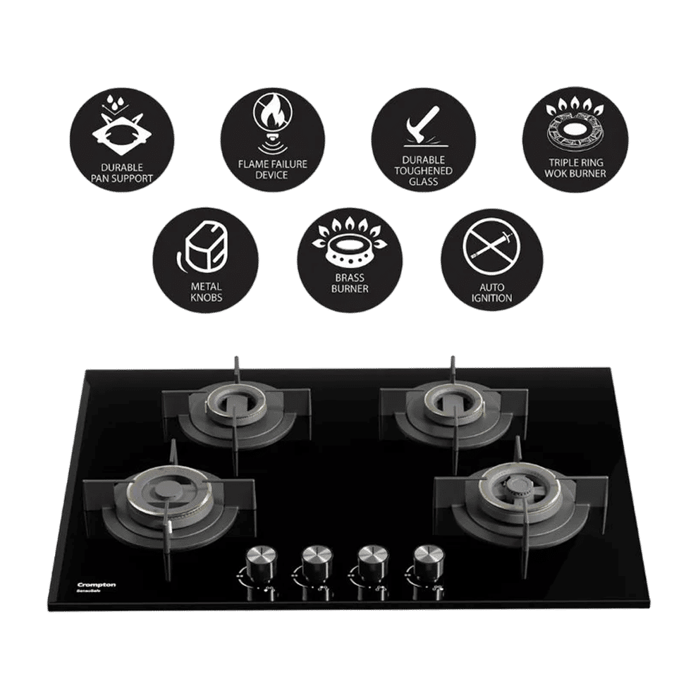 Crompton Sensosafe Toughened Glass Top 4 Burner Automatic Hob (Cast Iron Pan Support, Midnight Black)_6