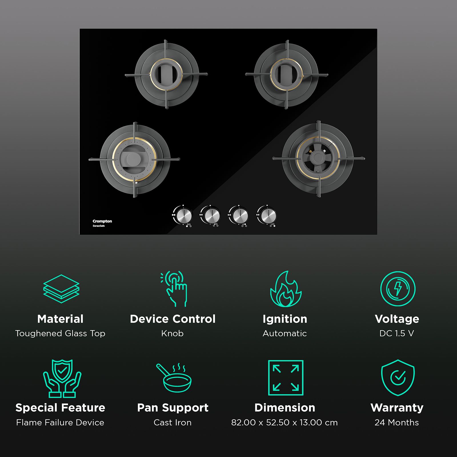 Crompton Sensosafe Toughened Glass Top 4 Burner Automatic Hob (Cast Iron Pan Support, Midnight Black)_3