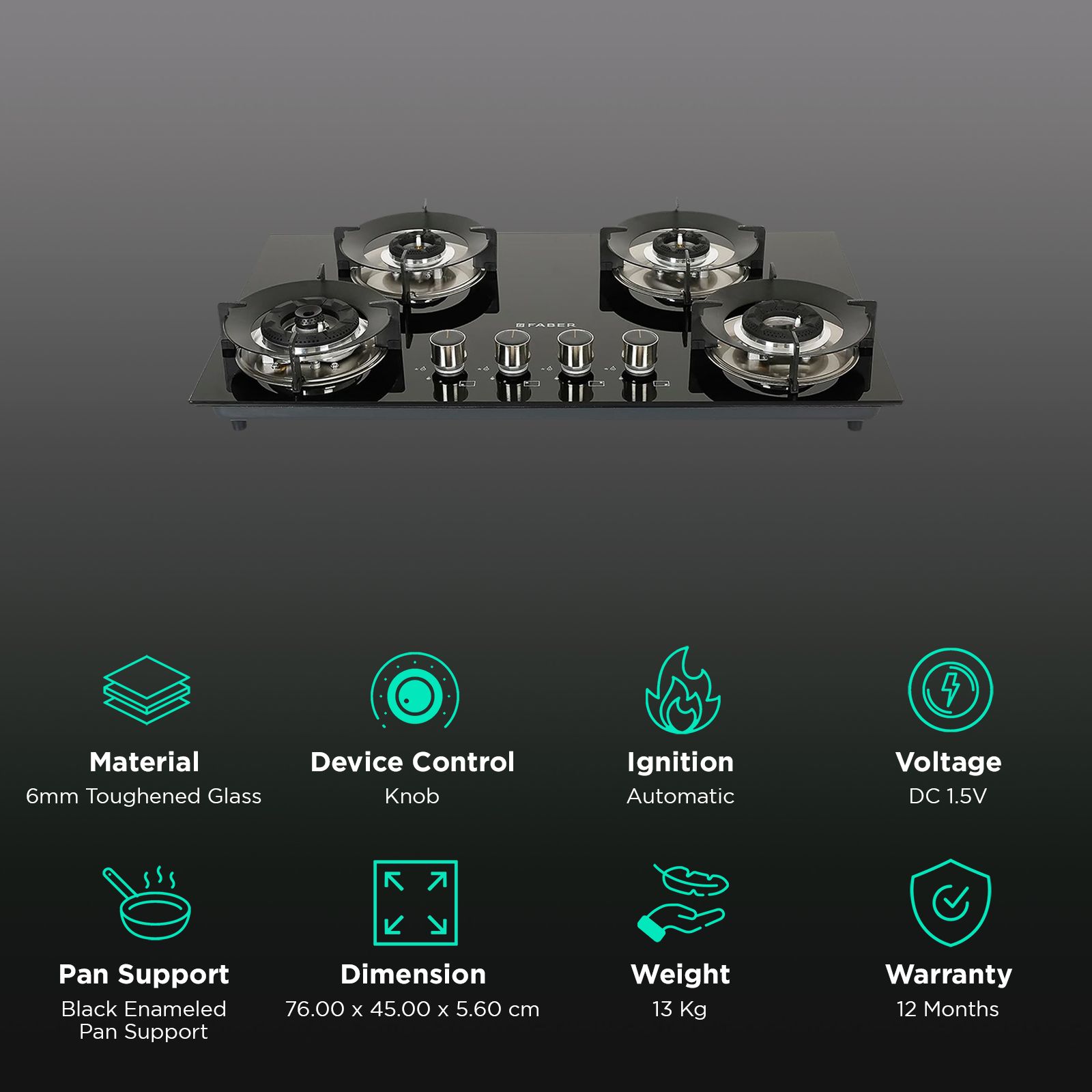 FABER Superia HT764 BR AI Toughened Glass Top 4 Burner Automatic Gas Hob (Battery Operated, Black) FABER Superia HT764 BR AI Toughened Glass Top 4 Burner Automatic Gas Hob (Battery Operated, Black)_3