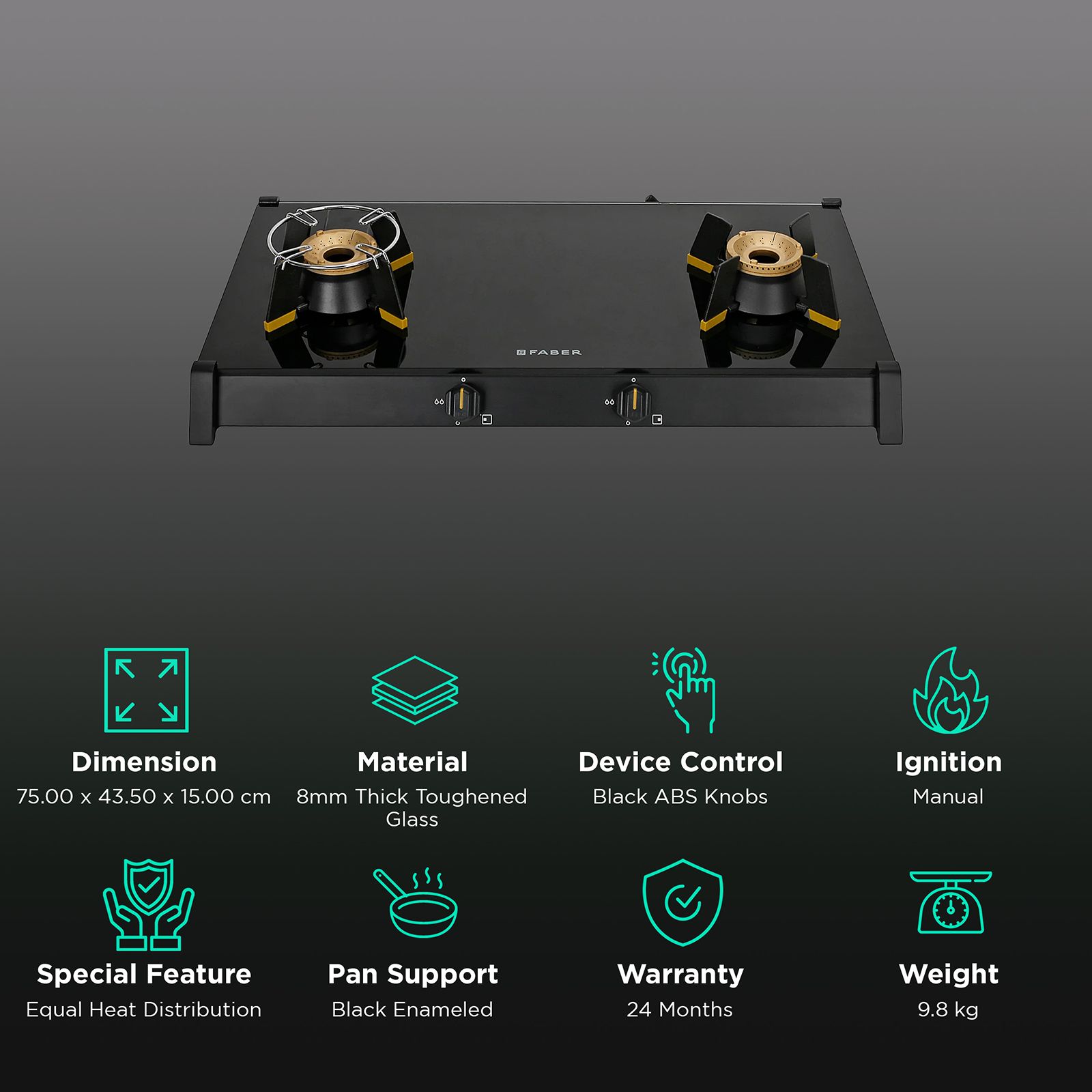 FABER GENIUS 752 Toughened Glass Top 2 Burner Manual Hob (Cast Iron Pan Support, Black) FABER GENIUS 752 Toughened Glass Top 2 Burner Manual Hob (Cast Iron Pan Support, Black)_3