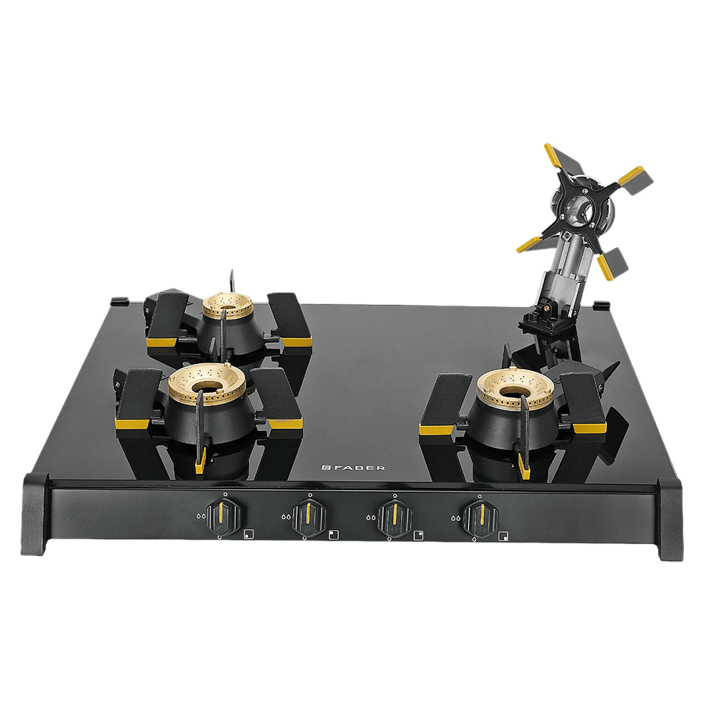FABER GENIUS 704 BK Toughened Glass Top 4 Burner Manual Hob (Cast Iron Pan Support, Black) FABER GENIUS 704 BK Toughened Glass Top 4 Burner Manual Hob (Cast Iron Pan Support, Black)_1