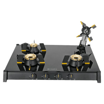 FABER GENIUS 704 BK Toughened Glass Top 4 Burner Manual Hob (Cast Iron Pan Support, Black)