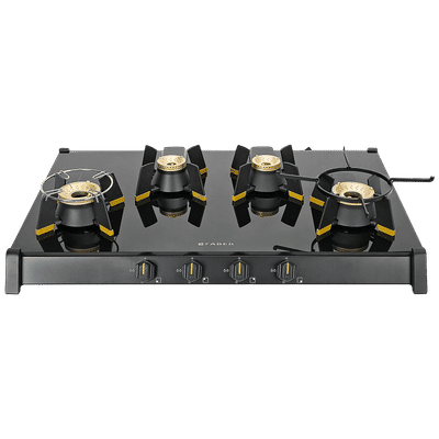 FABER GENIUS 804 AI Toughened Glass Top 4 Burner Manual Hob (Cast Iron Pan Support, Black)
