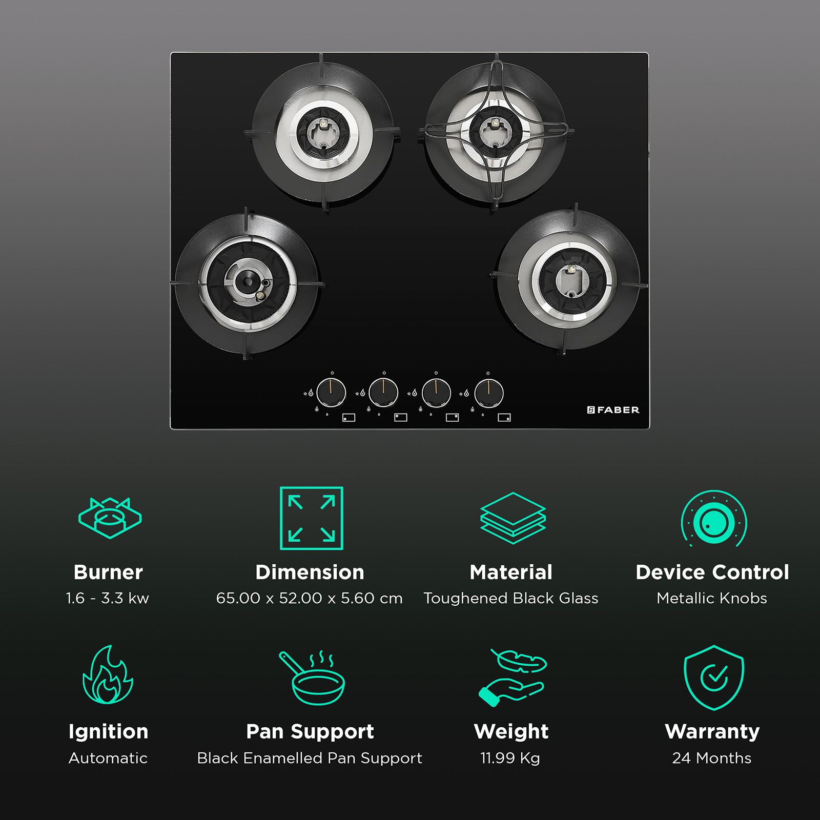 FABER Superia HT654 BR AI Toughened Glass Top 4 Burner Automatic Hob (Black Enameled Pan Support, Black) FABER Superia HT654 BR AI Toughened Glass Top 4 Burner Automatic Hob (Black Enameled Pan Support, Black)_3