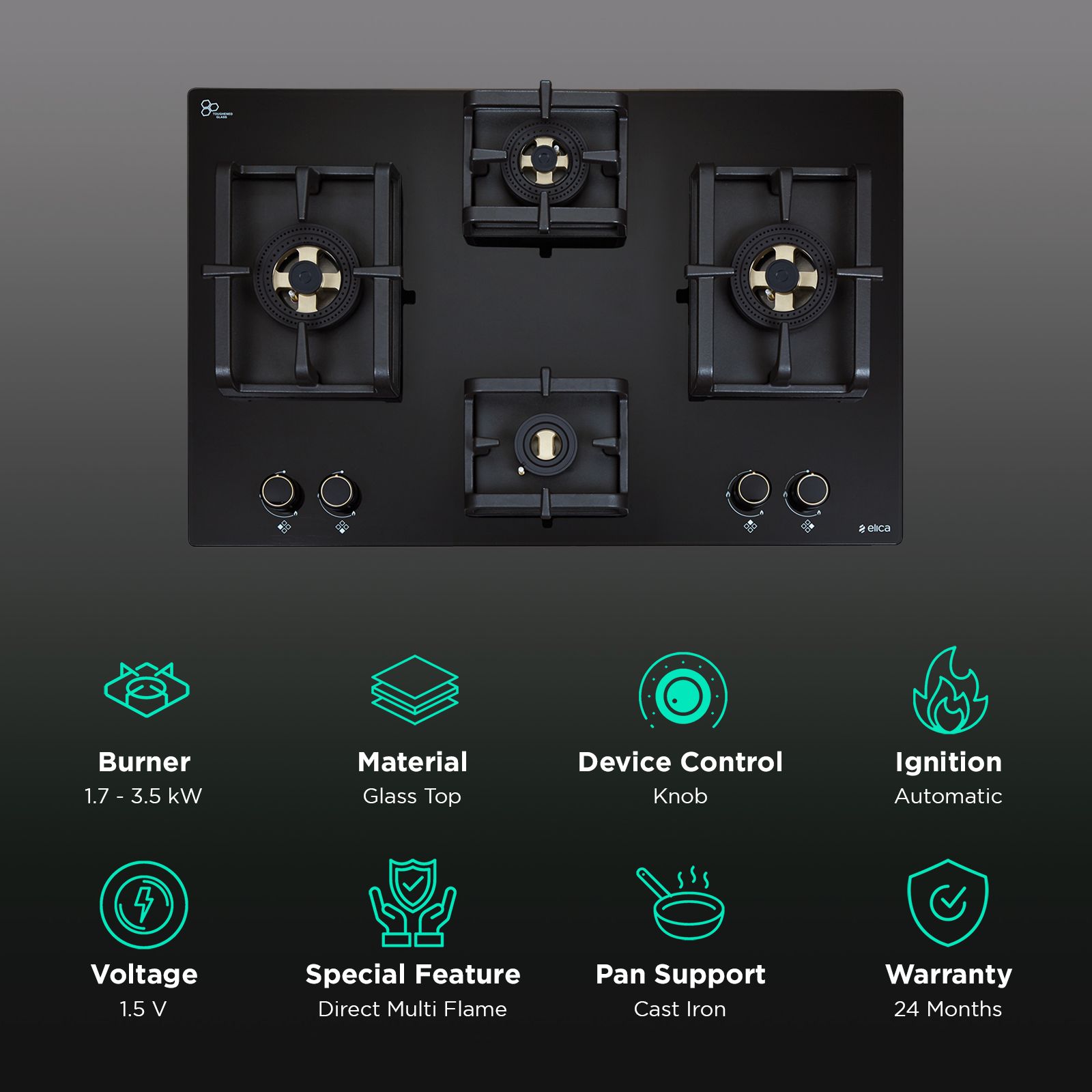 elica FLEXI DFS PRO AB 4B 70 DX Glass Top 4 Burner Automatic Hob (Cast Iron Pan Support, Black) elica FLEXI DFS PRO AB 4B 70 DX Glass Top 4 Burner Automatic Hob (Cast Iron Pan Support, Black)_3