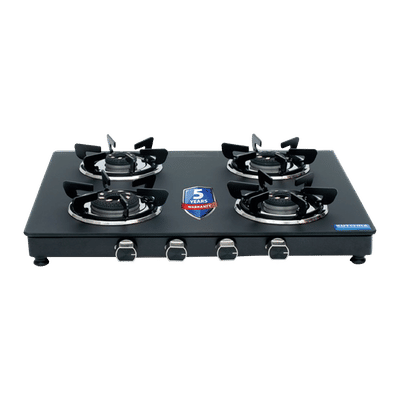 Kutchina SAPPHIRE 4B Toughened Glass Top 4 Burner Manual Gas Stove (Inner & Outer Locking, Black)