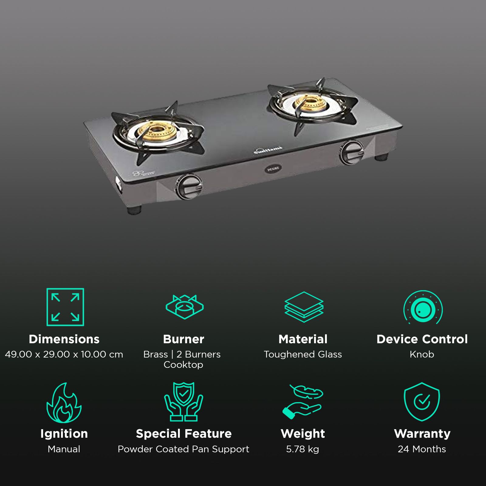 Sunflame Desire Toughened Glass Top 2 Burner Manual Gas Stove (Powder Coated Sheet Metal Base, Black) Sunflame Desire Toughened Glass Top 2 Burner Manual Gas Stove (Powder Coated Sheet Metal Base, Black)_3