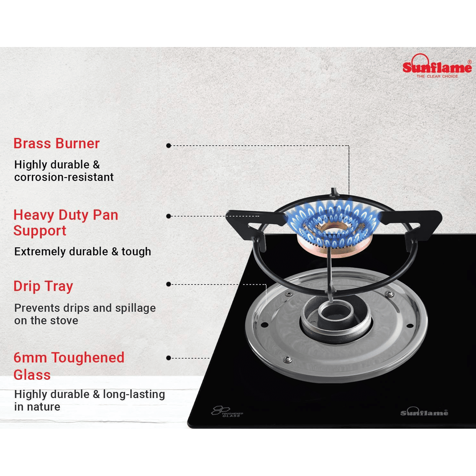 Sunflame Desire Toughened Glass Top 2 Burner Manual Gas Stove (Powder Coated Sheet Metal Base, Black) Sunflame Desire Toughened Glass Top 2 Burner Manual Gas Stove (Powder Coated Sheet Metal Base, Black)_4