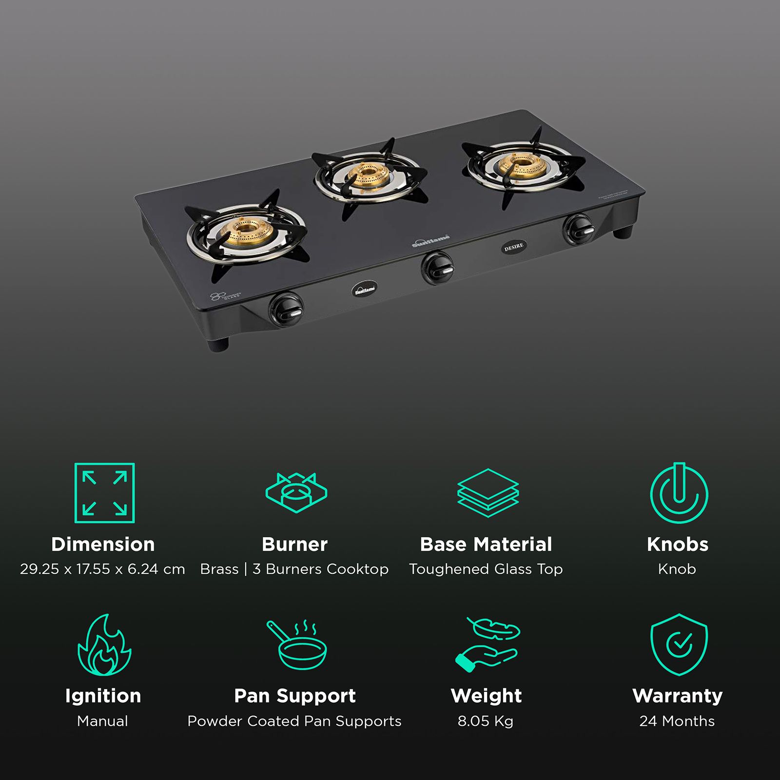 Sunflame Desire Toughened Glass Top 3 Burner Manual Gas Stove (Powder Coated Pan Supports, Black) Sunflame Desire Toughened Glass Top 3 Burner Manual Gas Stove (Powder Coated Pan Supports, Black)_3