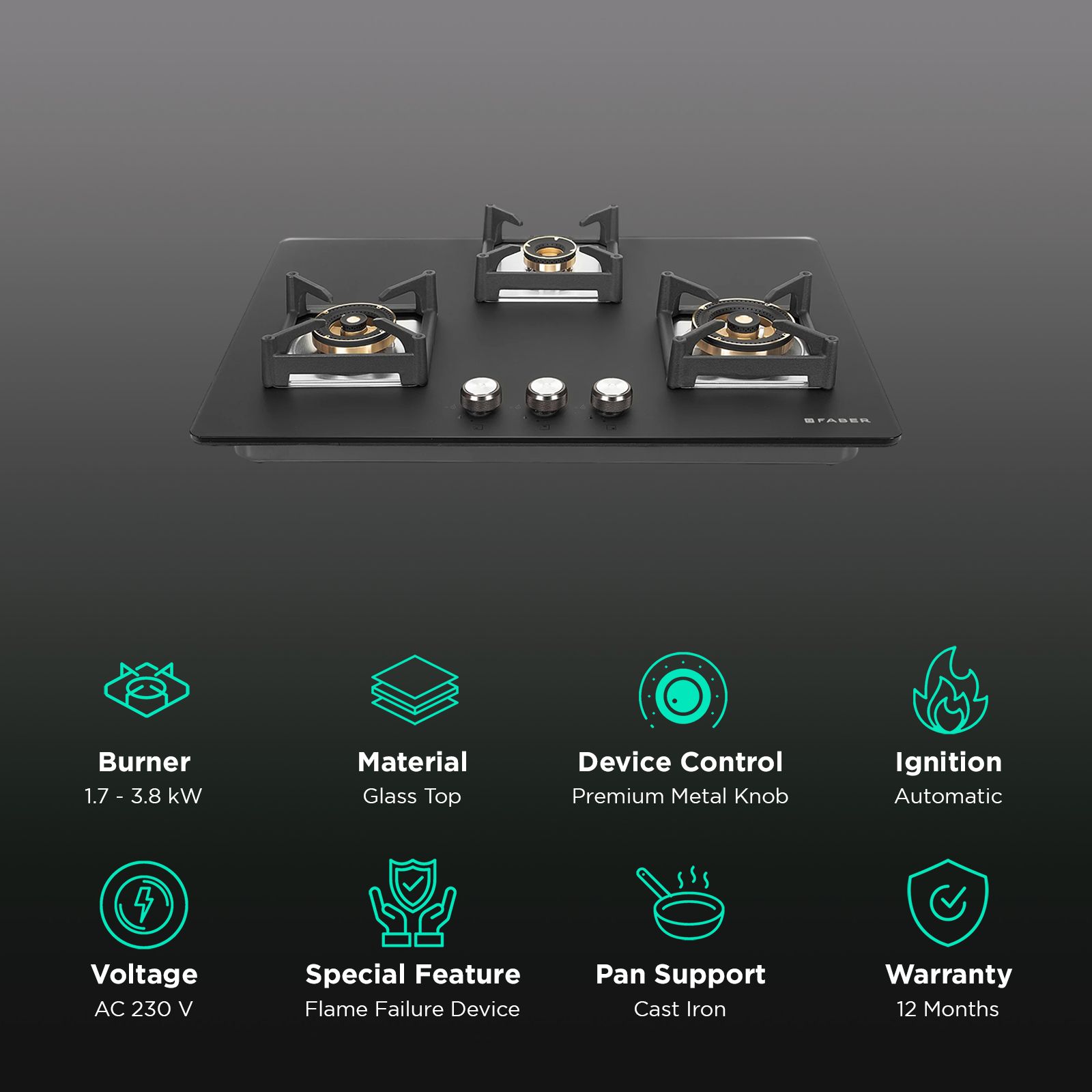 FABER BELLA HT 753 BR AI FFD Glass Top 3 Burner Automatic Hob (Flame Failure Device, Black) FABER BELLA HT 753 BR AI FFD Glass Top 3 Burner Automatic Hob (Flame Failure Device, Black)_3