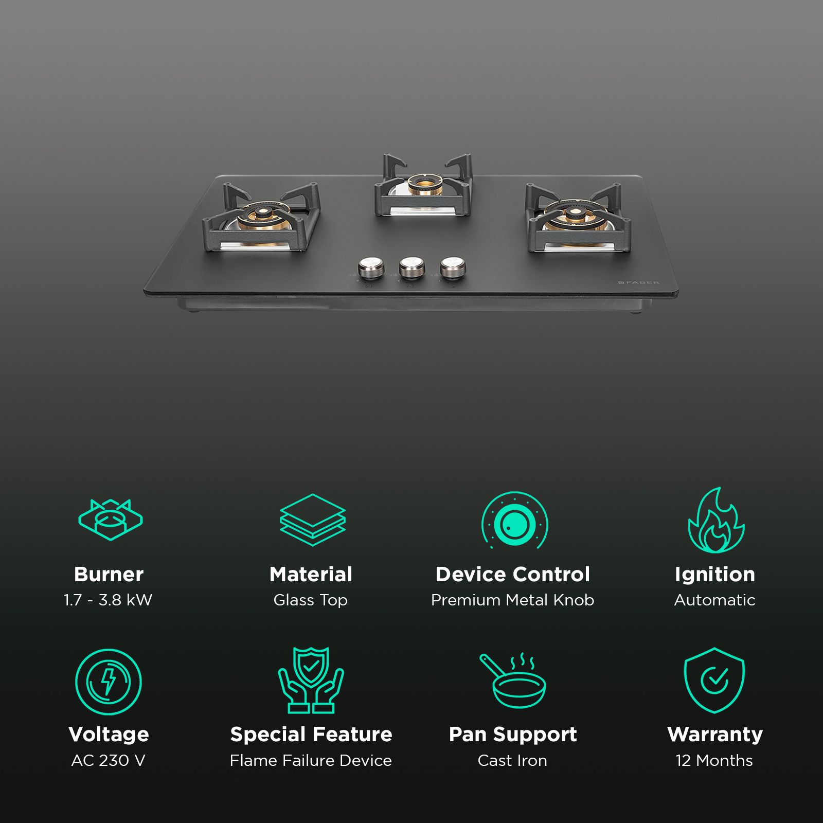 FABER BELLA HT 903 BR AI FFD Glass Top 3 Burner Automatic Hob (Flame Failure Device, Black) FABER BELLA HT 903 BR AI FFD Glass Top 3 Burner Automatic Hob (Flame Failure Device, Black)_3
