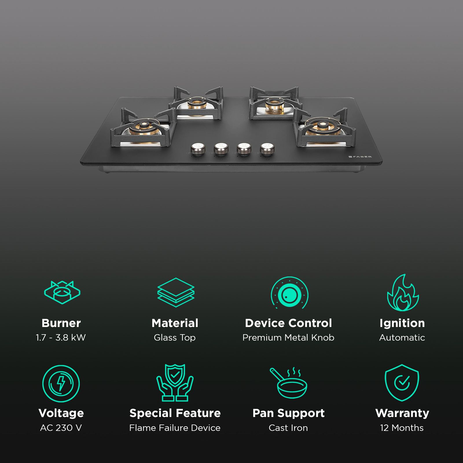 FABER BELLA HT 904 BR AI FFD Glass Top 4 Burner Automatic Hob (Flame Failure Device, Black) FABER BELLA HT 904 BR AI FFD Glass Top 4 Burner Automatic Hob (Flame Failure Device, Black)_3