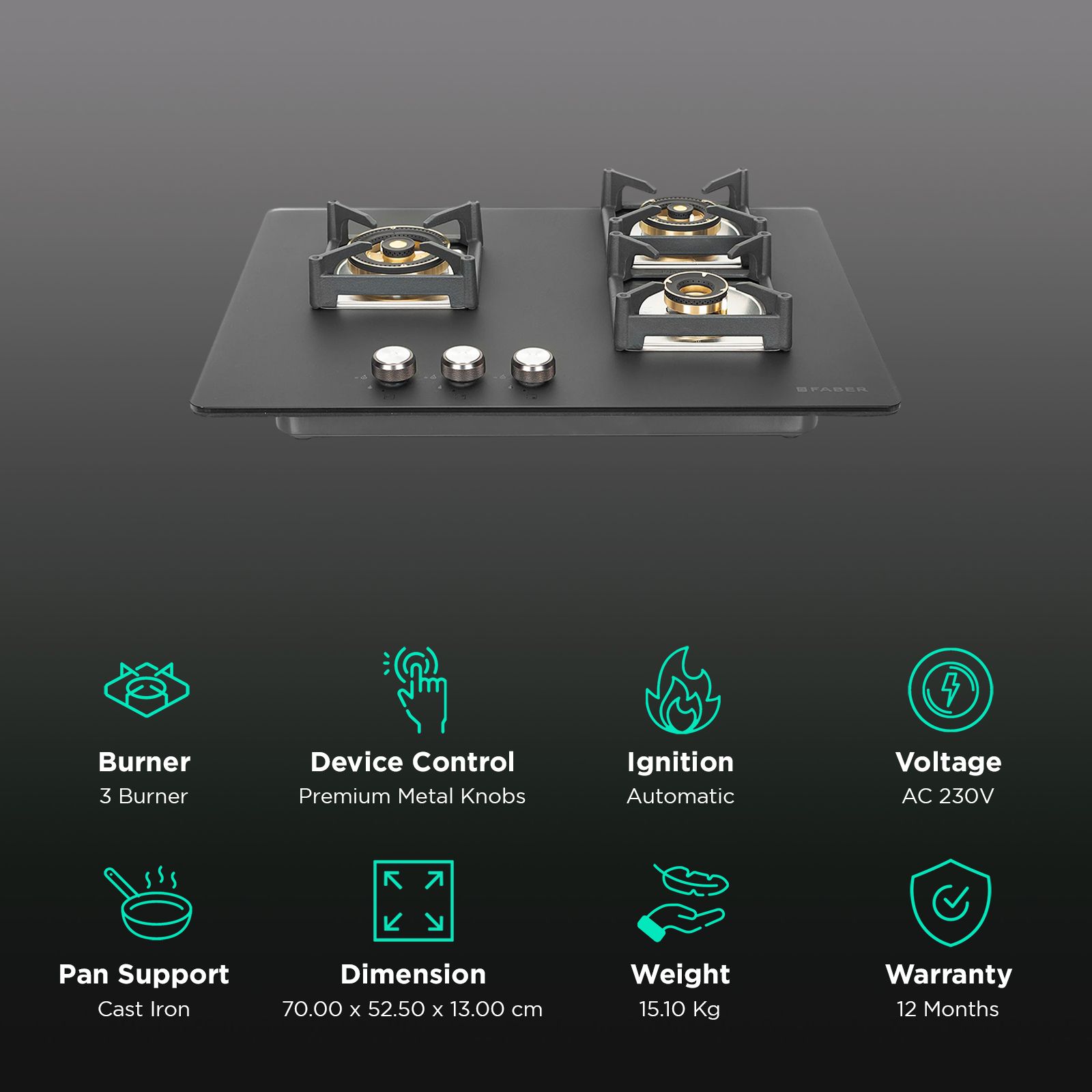 FABER BELLA HT 703 BR AI Glass Top 3 Burner Automatic Hob (Full Brass Burners, Black) FABER BELLA HT 703 BR AI Glass Top 3 Burner Automatic Hob (Full Brass Burners, Black)_3