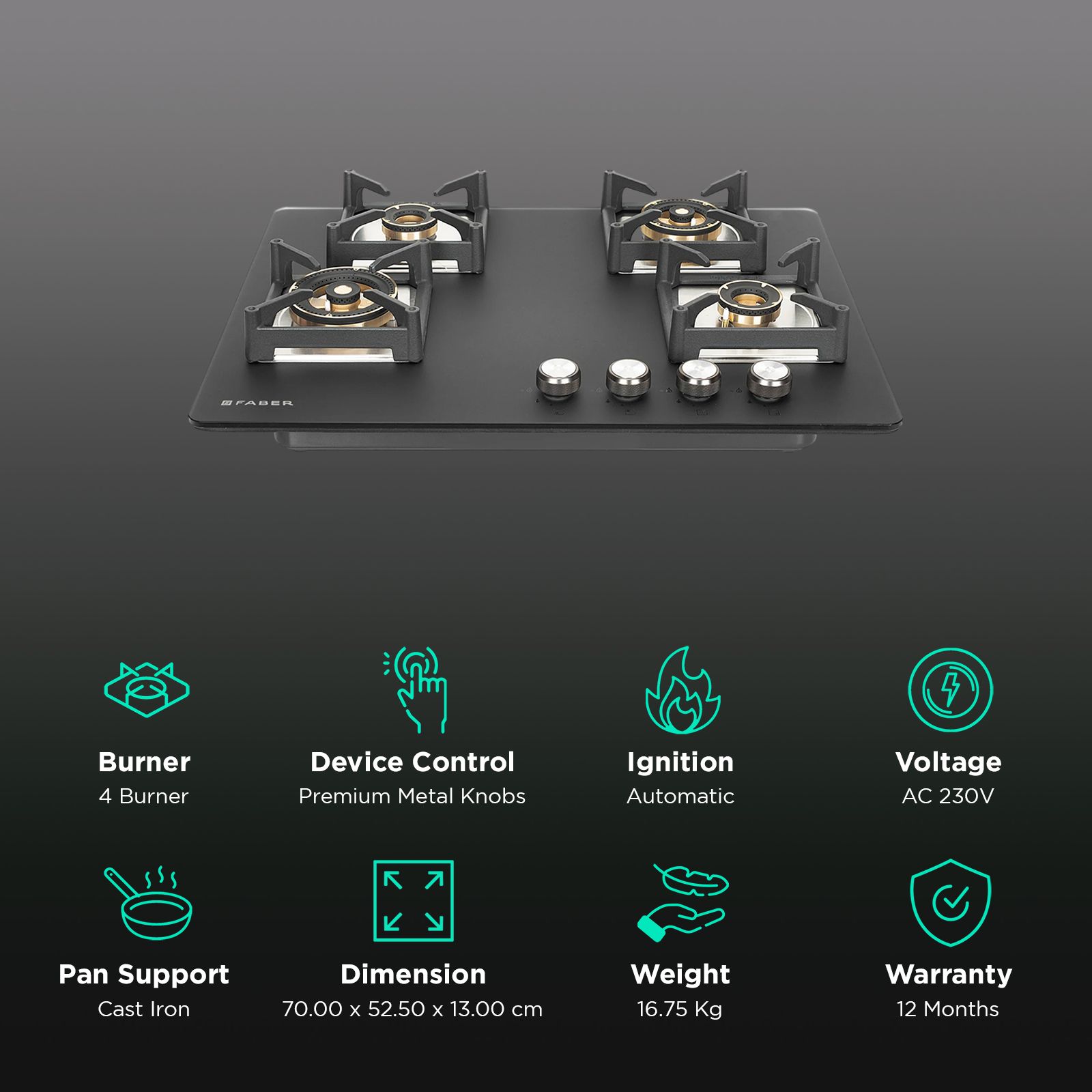 FABER BELLA HT 704 BR AI Glass Top 4 Burner Automatic Hob (Spill Proof Design, Black) FABER BELLA HT 704 BR AI Glass Top 4 Burner Automatic Hob (Spill Proof Design, Black)_3