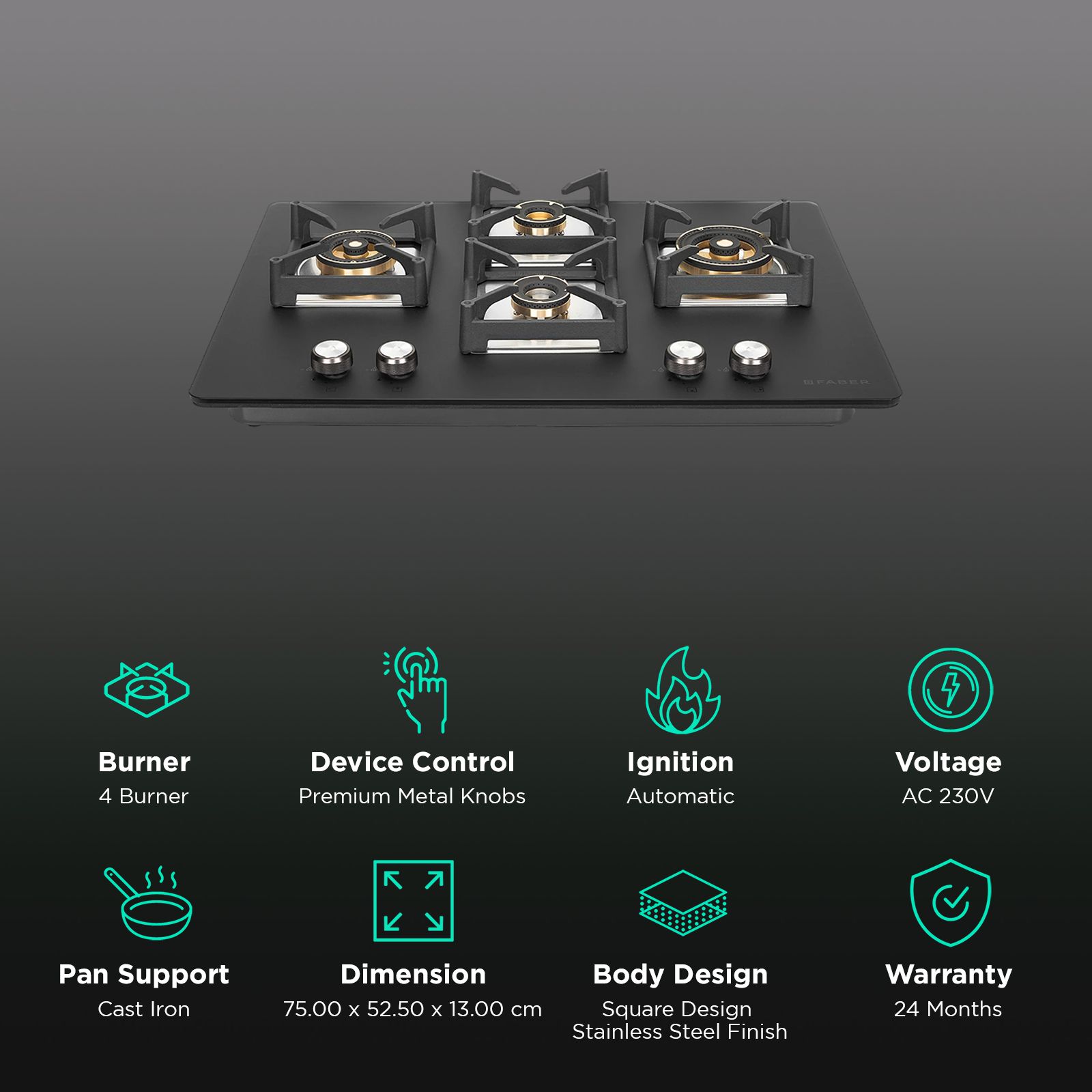 FABER BELLA HT 754 BR AI Glass Top 4 Burner Automatic Hob (Premium Metal Knobs, Black)_3