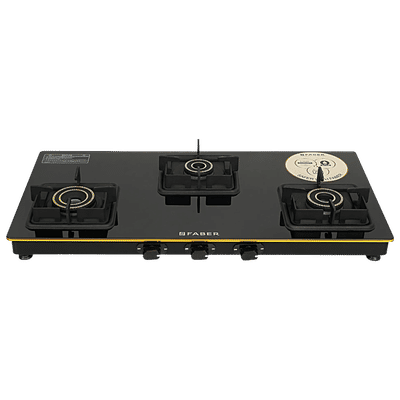 FABER PRINCE PLUS 3BB BK Toughened Glass Top 3 Burner Manual Hob (Full Brass Burners, Black)