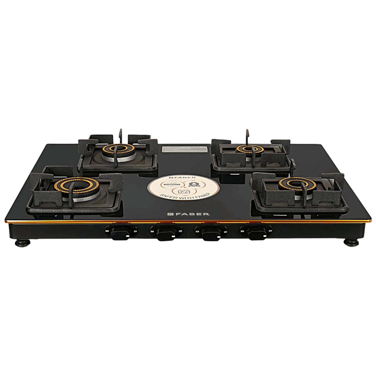 FABER PRINCE PLUS 4BB BK Glass Top 4 Burner Manual Hob (Diamond Coated Pan Support, Black)_1