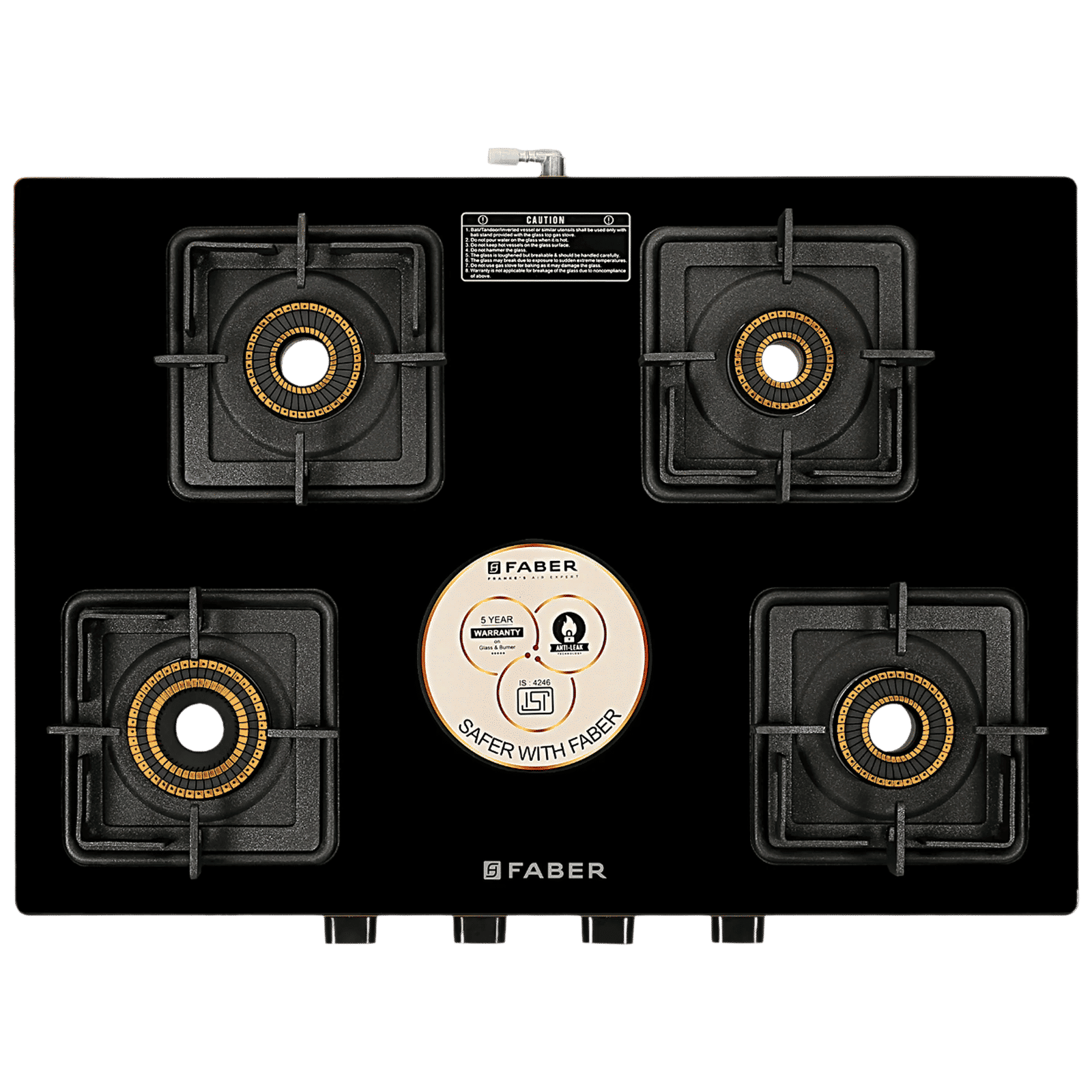 FABER PRINCE PLUS 4BB BK Glass Top 4 Burner Manual Hob (Diamond Coated Pan Support, Black)_6