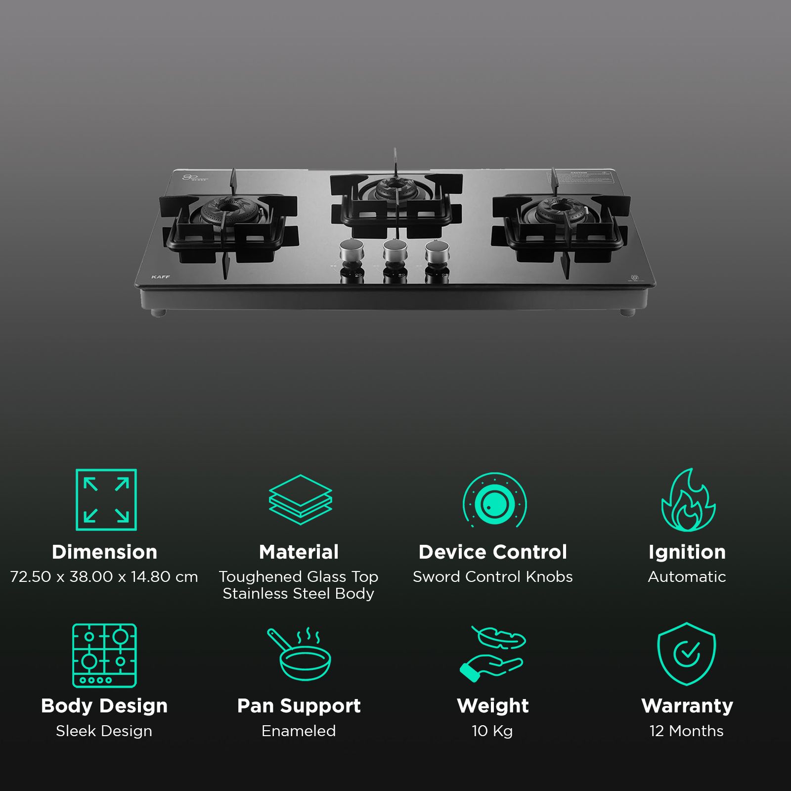 KAFF CTS 71 3B AI Toughened Glass Top 3 Burner Automatic Cooktop (Integrated Flame Protector, Black)_2