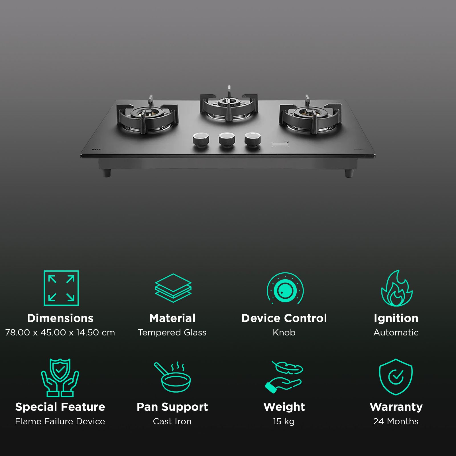 KAFF PRS 783 Tempered Glass Top 3 Burner Automatic Hob (Digital Timer, Black) KAFF PRS 783 Tempered Glass Top 3 Burner Automatic Hob (Digital Timer, Black)_3