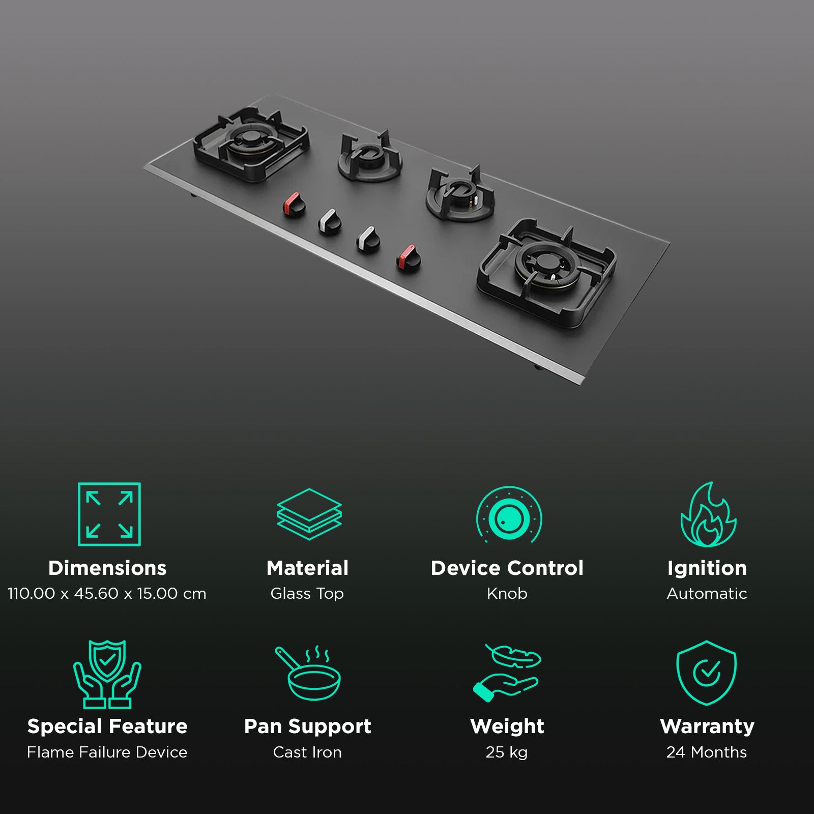 KAFF Crystal Noir 1104 Glass Top 4 Burner Automatic Hob (Full Flame Failure Device, Black)_3