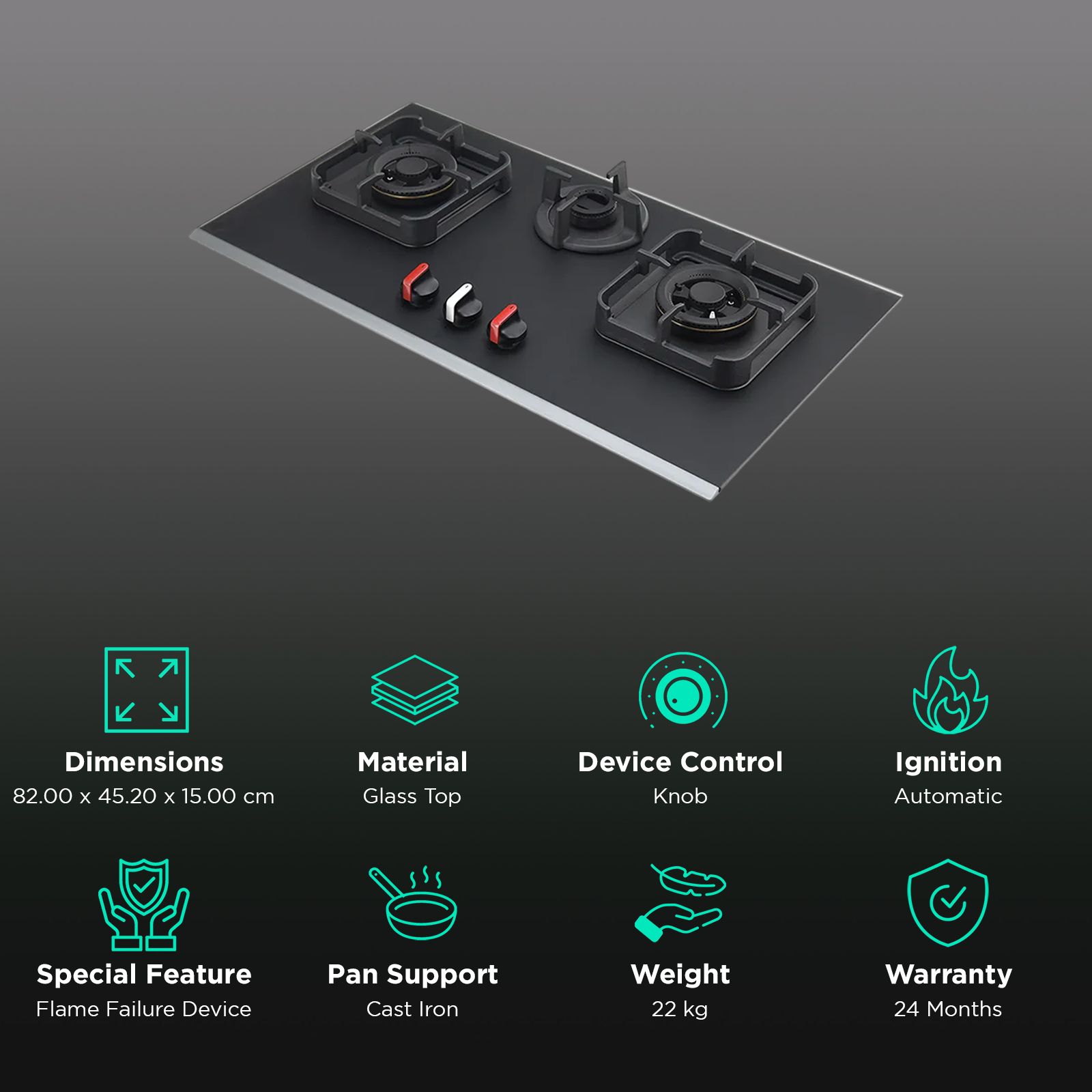 KAFF Crystal Noir 823 Glass Top 3 Burner Automatic Hob (Full Flame Failure Device, Black) KAFF Crystal Noir 823 Glass Top 3 Burner Automatic Hob (Full Flame Failure Device, Black)_3