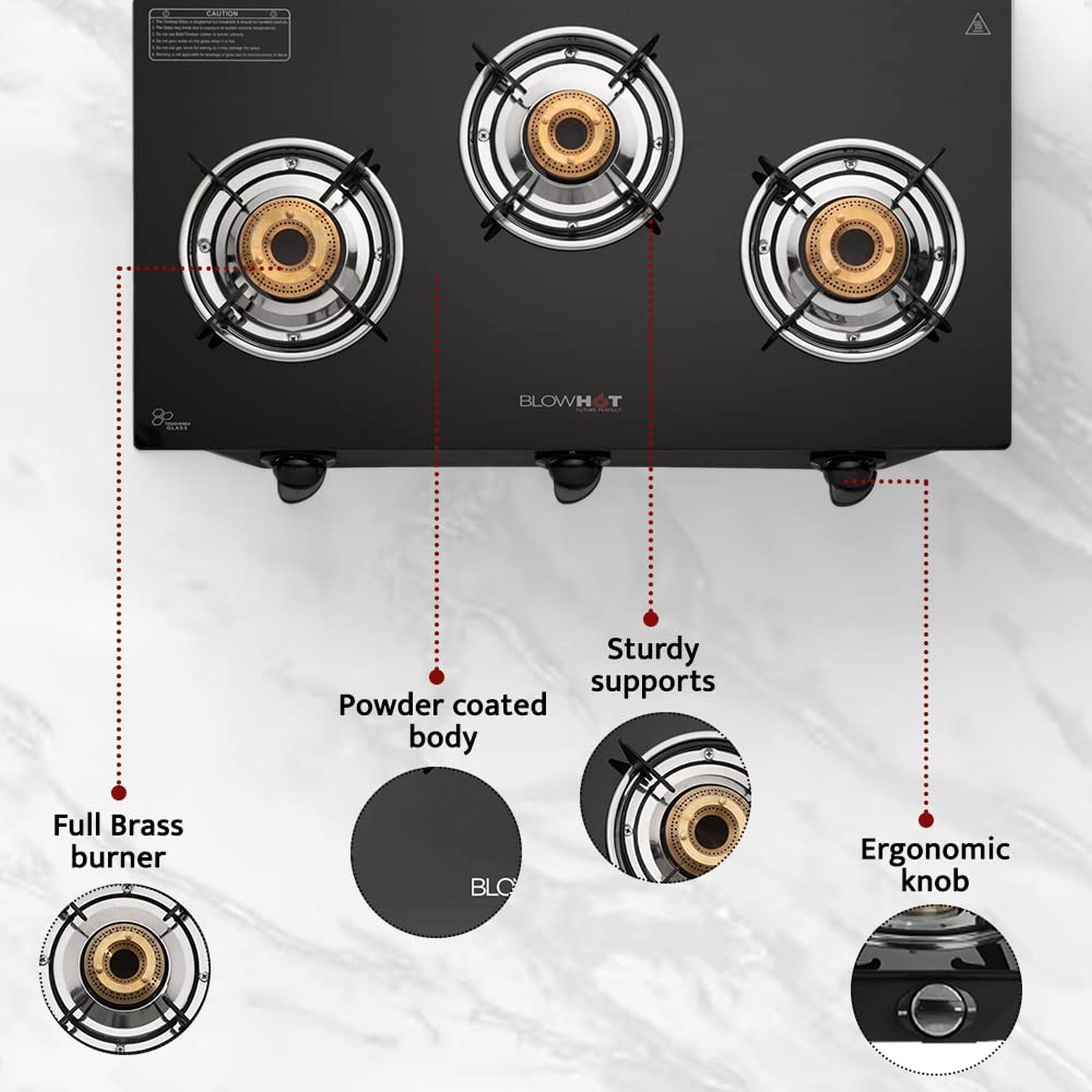 BLOWHOT Ruby Toughened Glass Top 3 Burner Manual Gas Stove (ISI Certified, Black) BLOWHOT Ruby Toughened Glass Top 3 Burner Manual Gas Stove (ISI Certified, Black)_5