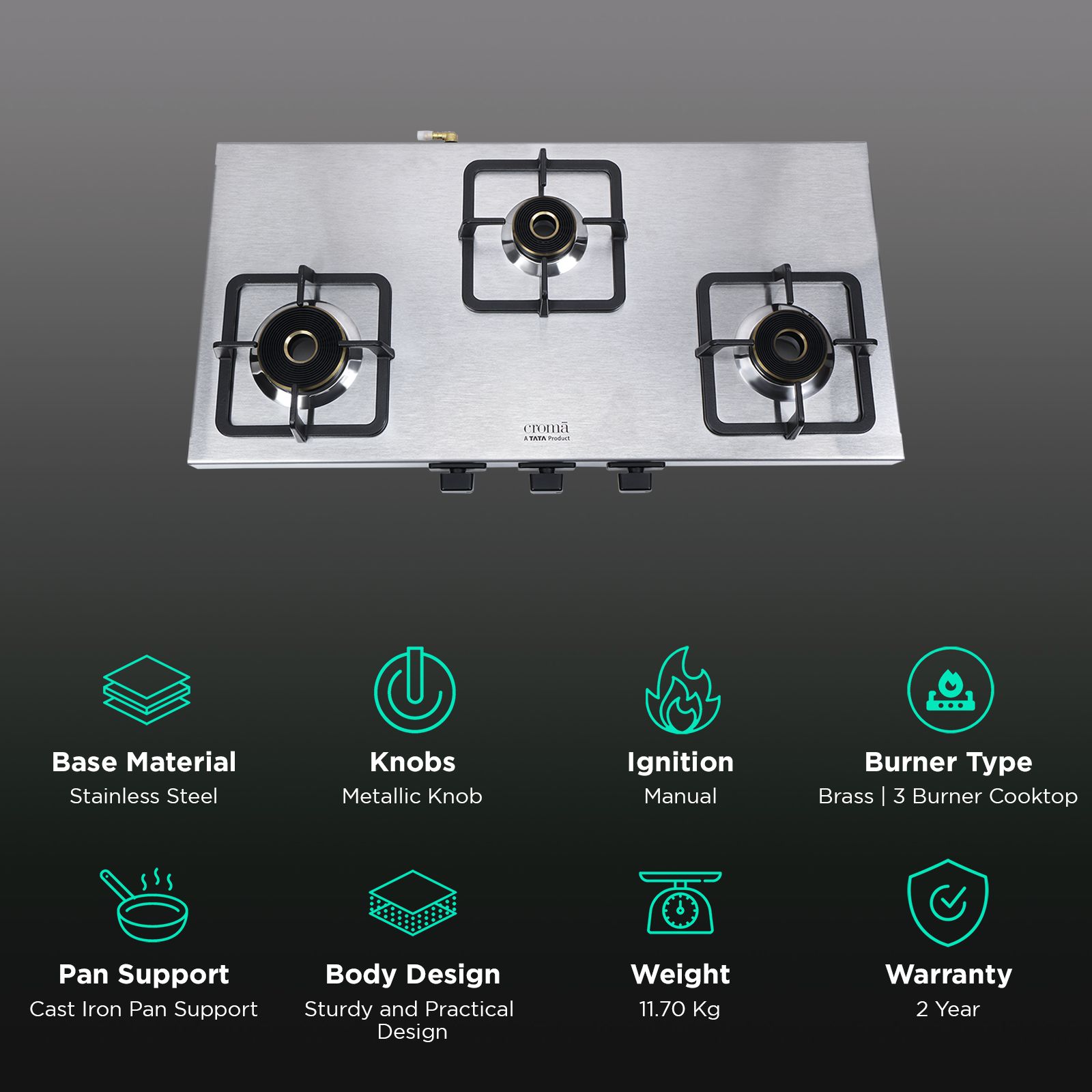 Croma 3 Burner Manual Gas Stove (Strong Anti-Skid Rubber Feet, Steel)_3