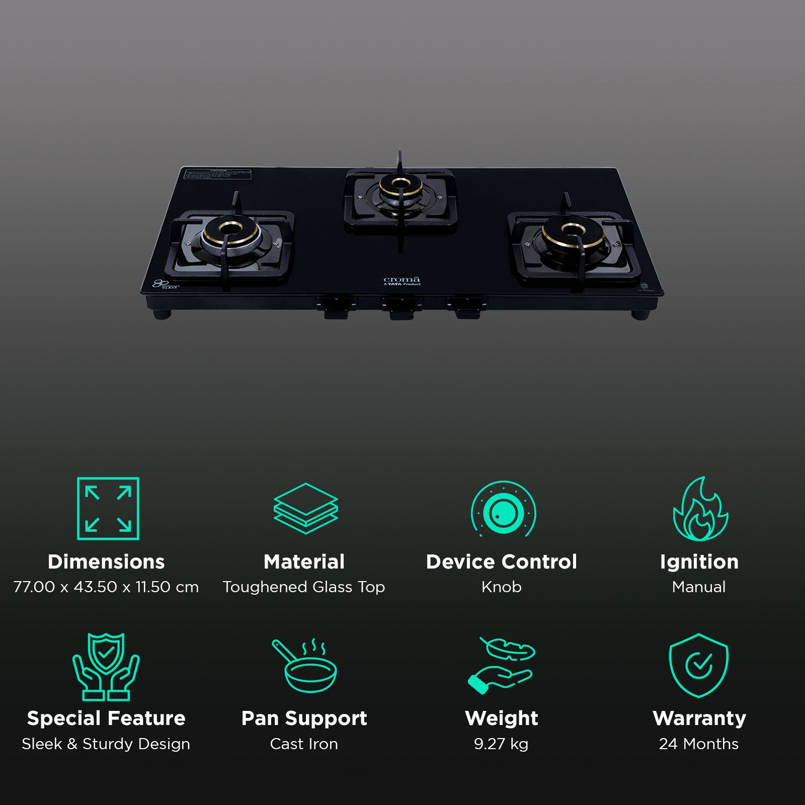 Croma 3 Burner Manual Gas Stove (Premium 3 Burner Glass, Black) Croma 3 Burner Manual Gas Stove (Premium 3 Burner Glass, Black)_3