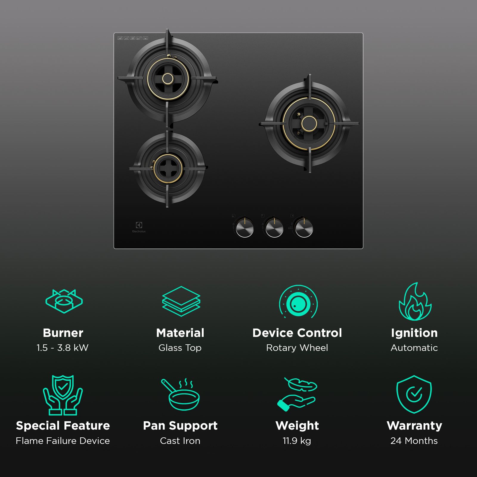Electrolux UltimateTaste 300 Glass Top 3 Burner Automatic Hob (One Hand Ignition, Black)_3