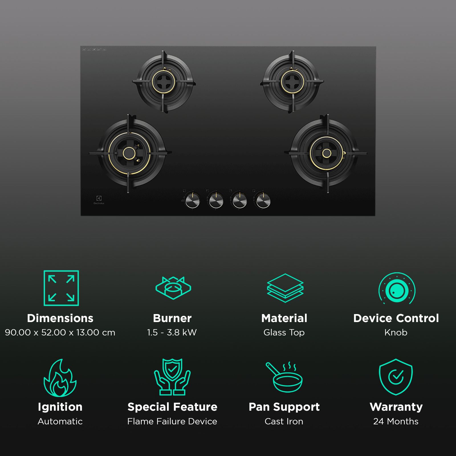 Electrolux UltimateTaste 300 Glass Top 4 Burner Automatic Hob (Cast Iron Pan Supports, Black) Electrolux UltimateTaste 300 Glass Top 4 Burner Automatic Hob (Cast Iron Pan Supports, Black)_3