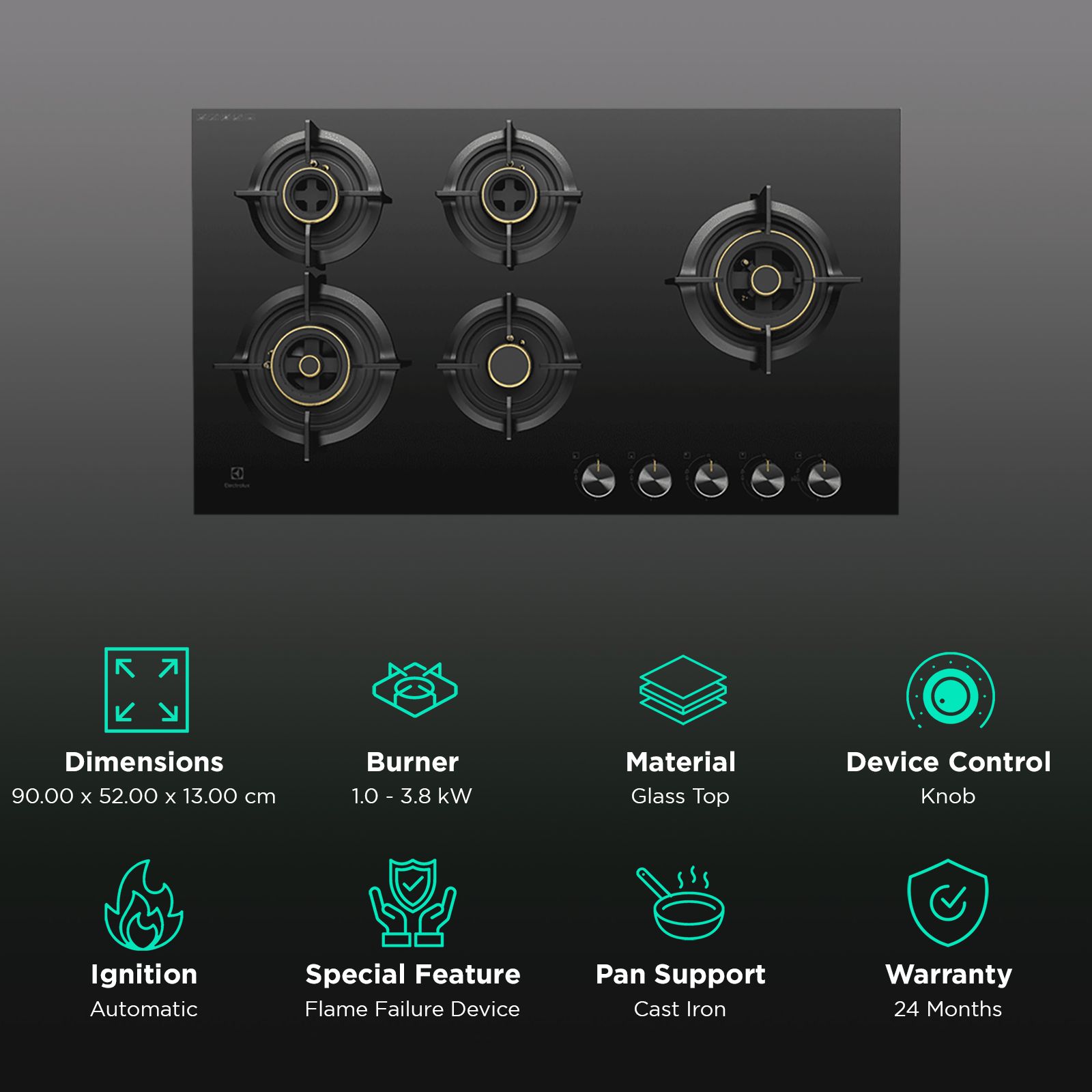 Electrolux UltimateTaste 300 Glass Top 5 Burner Automatic Hob (Cast Iron Pan Supports, Black) Electrolux UltimateTaste 300 Glass Top 5 Burner Automatic Hob (Cast Iron Pan Supports, Black)_3