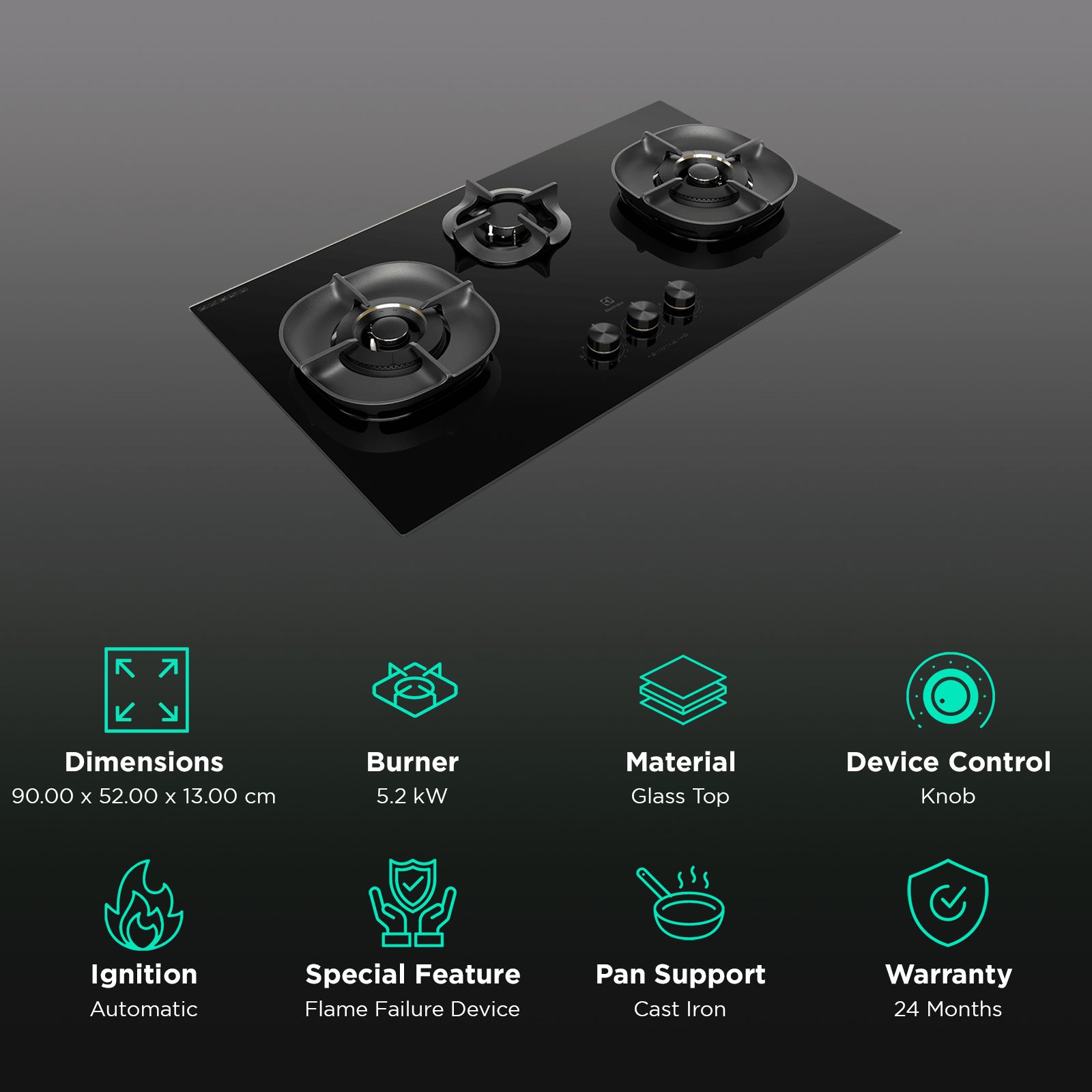 Electrolux UltimateTaste 700 Glass Top 3 Burner Automatic Hob (Cast Iron Pan Supports, Black Glass) Electrolux UltimateTaste 700 Glass Top 3 Burner Automatic Hob (Cast Iron Pan Supports, Black Glass)_3