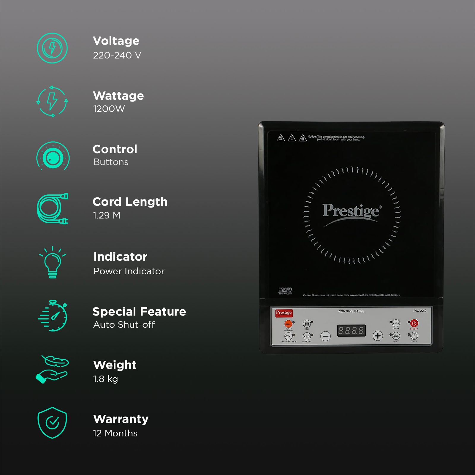 Prestige PIC 22 1200W Induction Cooktop with 6 Preset Menus Prestige PIC 22 1200W Induction Cooktop with 6 Preset Menus_3