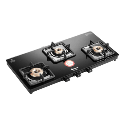 Sunflame Solitaire Toughened Glass Top 3 Burner Manual Gas Stove (Forged Brass Burners, Black)