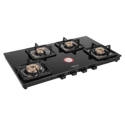 Sunflame Solitaire Tempered Glass Top 4 Burner Manual Gas Stove (Cast Iron Pan Support, Black)